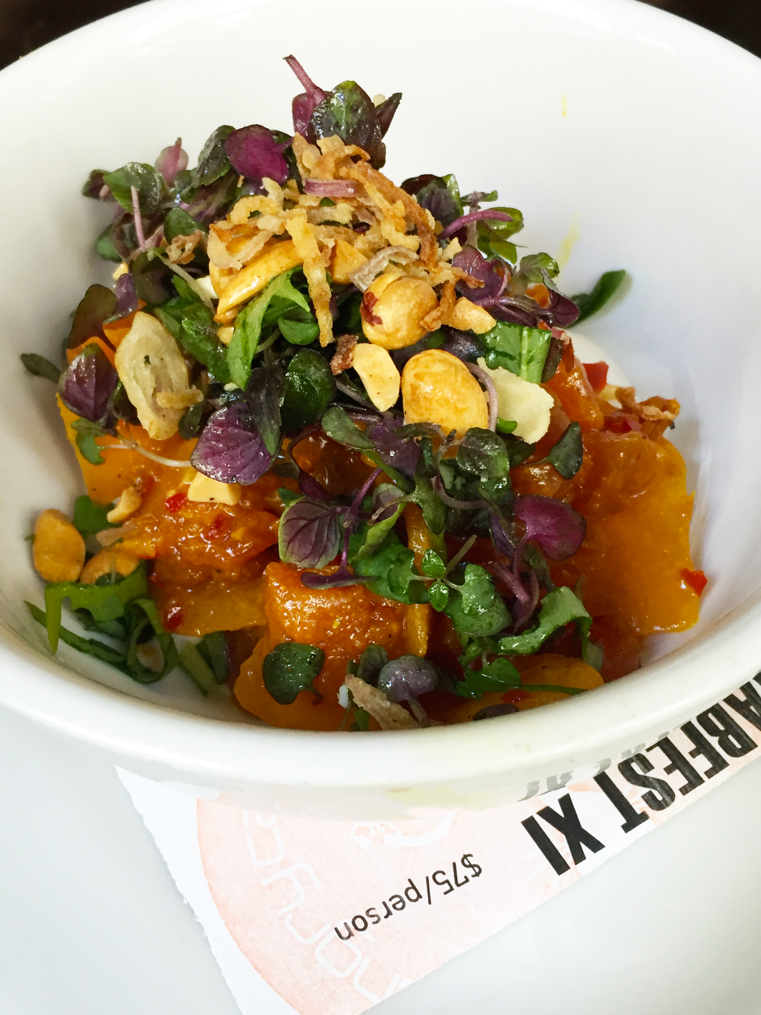 Yellowfin Tuna with heirloom melon, coconut milk, samba, peanuts, shiso, and basil.