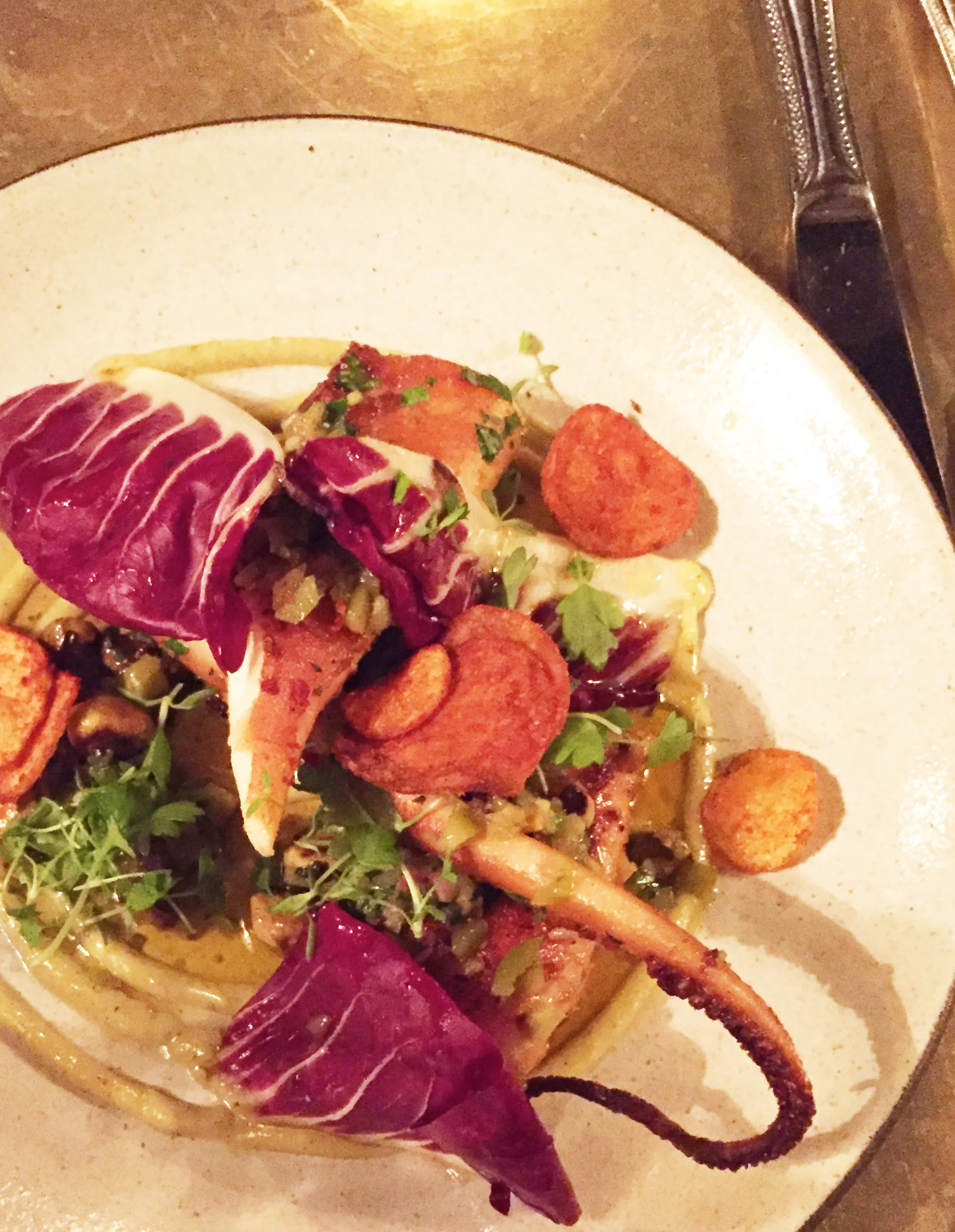 Grilled octopus with green olive pistachio relish and fingerling chips.