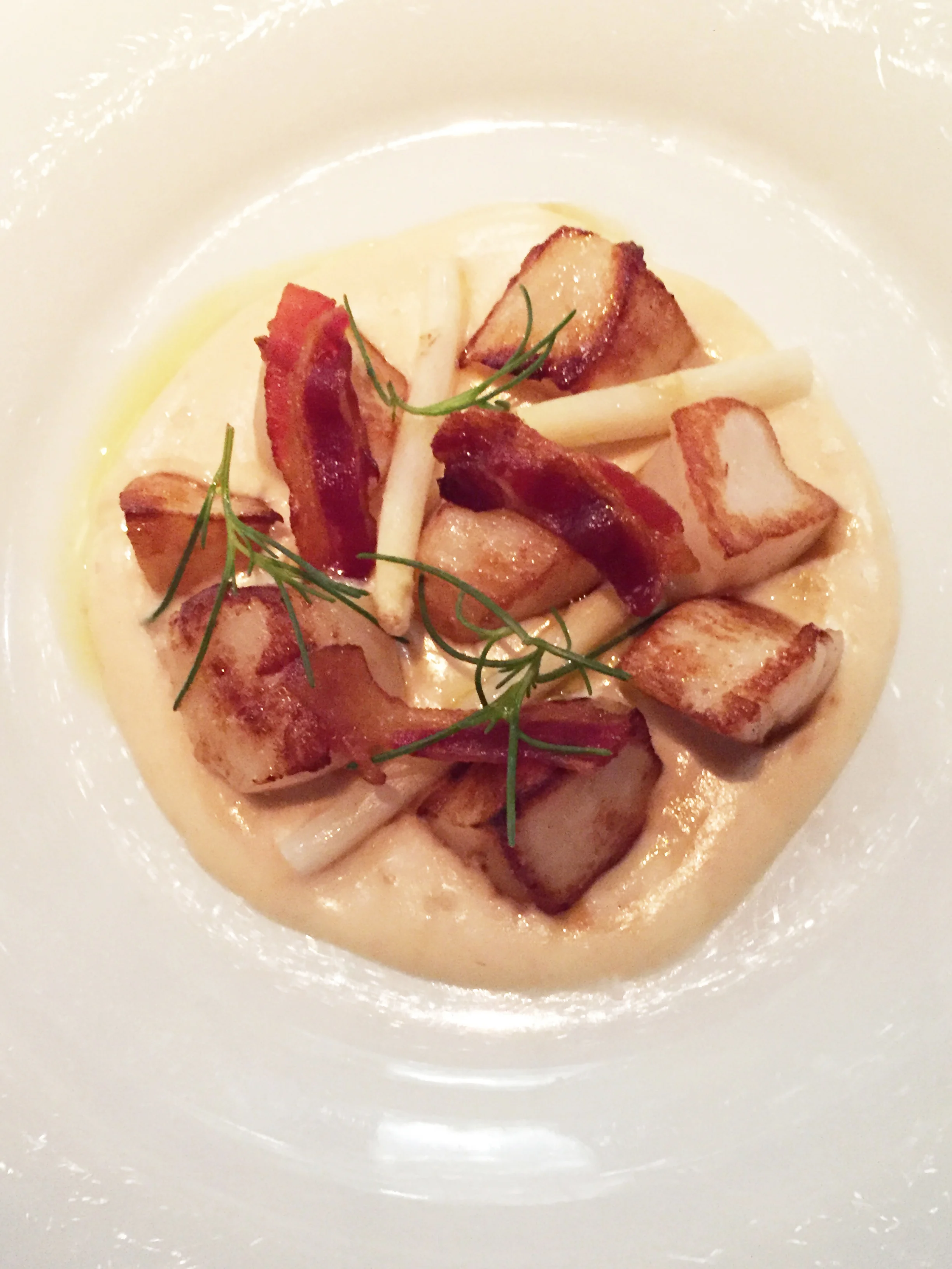 Seared Sea Scallops with potato cream sauce, white asparagus, and bacon.