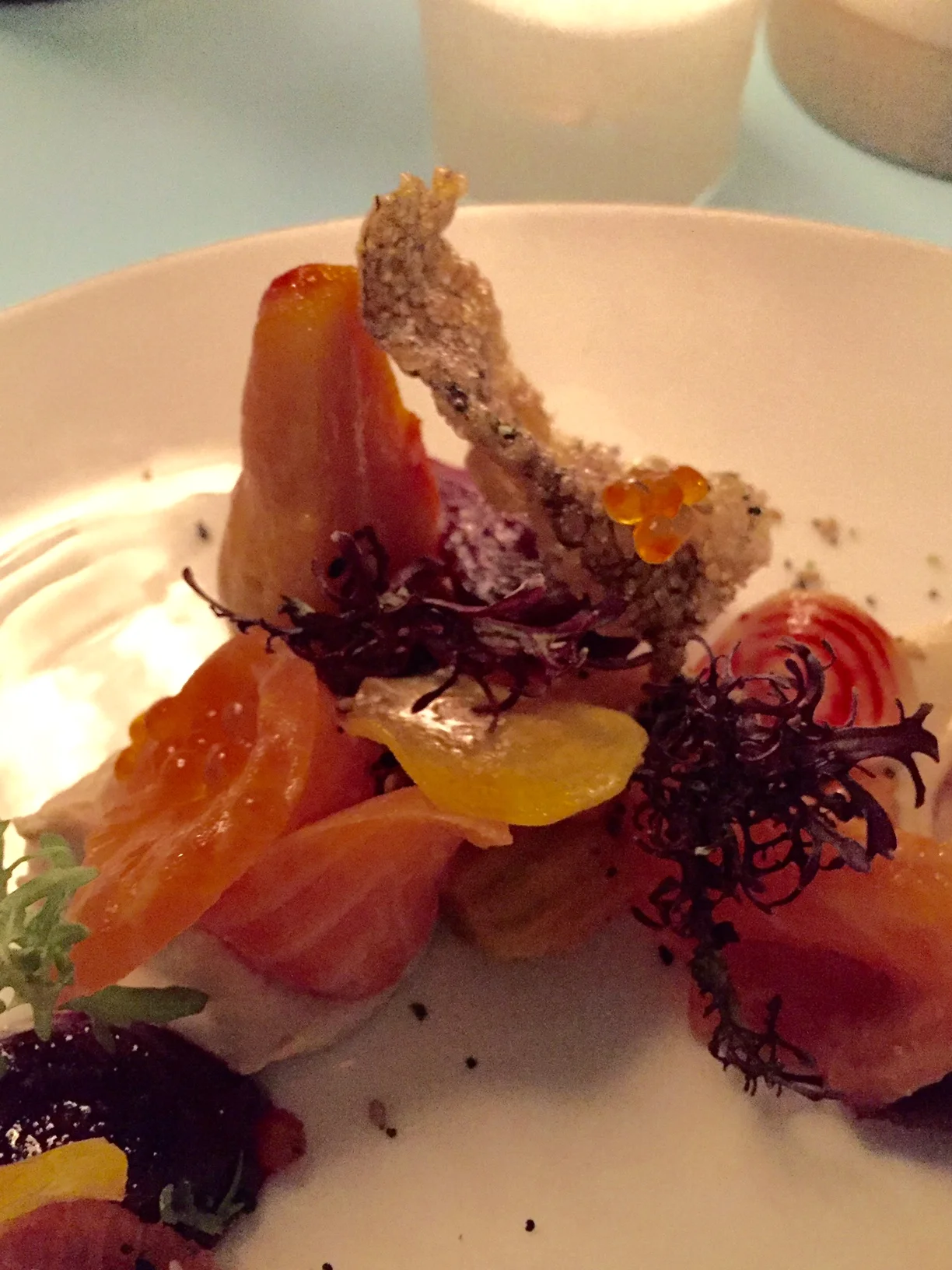 smoked trout & beets with shallots, roe & everything crumble
