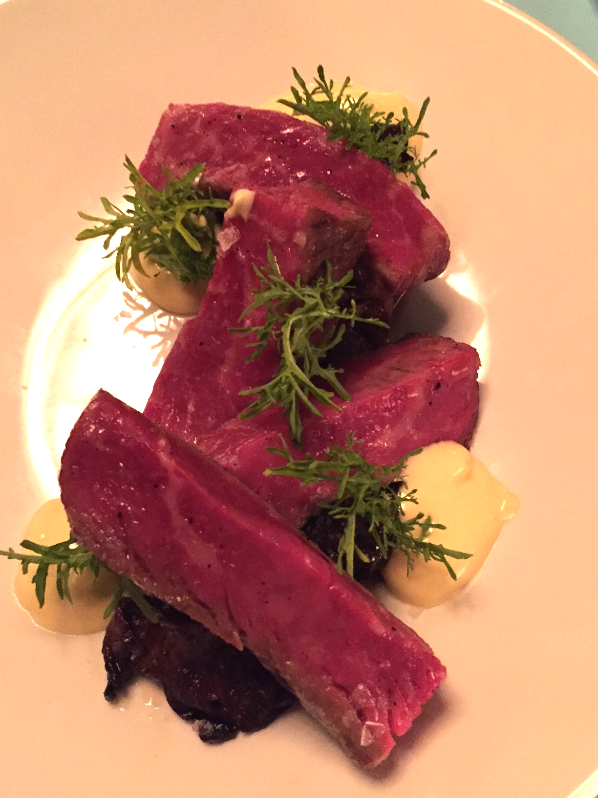 dry aged new york steak, sunchoke, pickled chanterelle, brown butter bearnaise