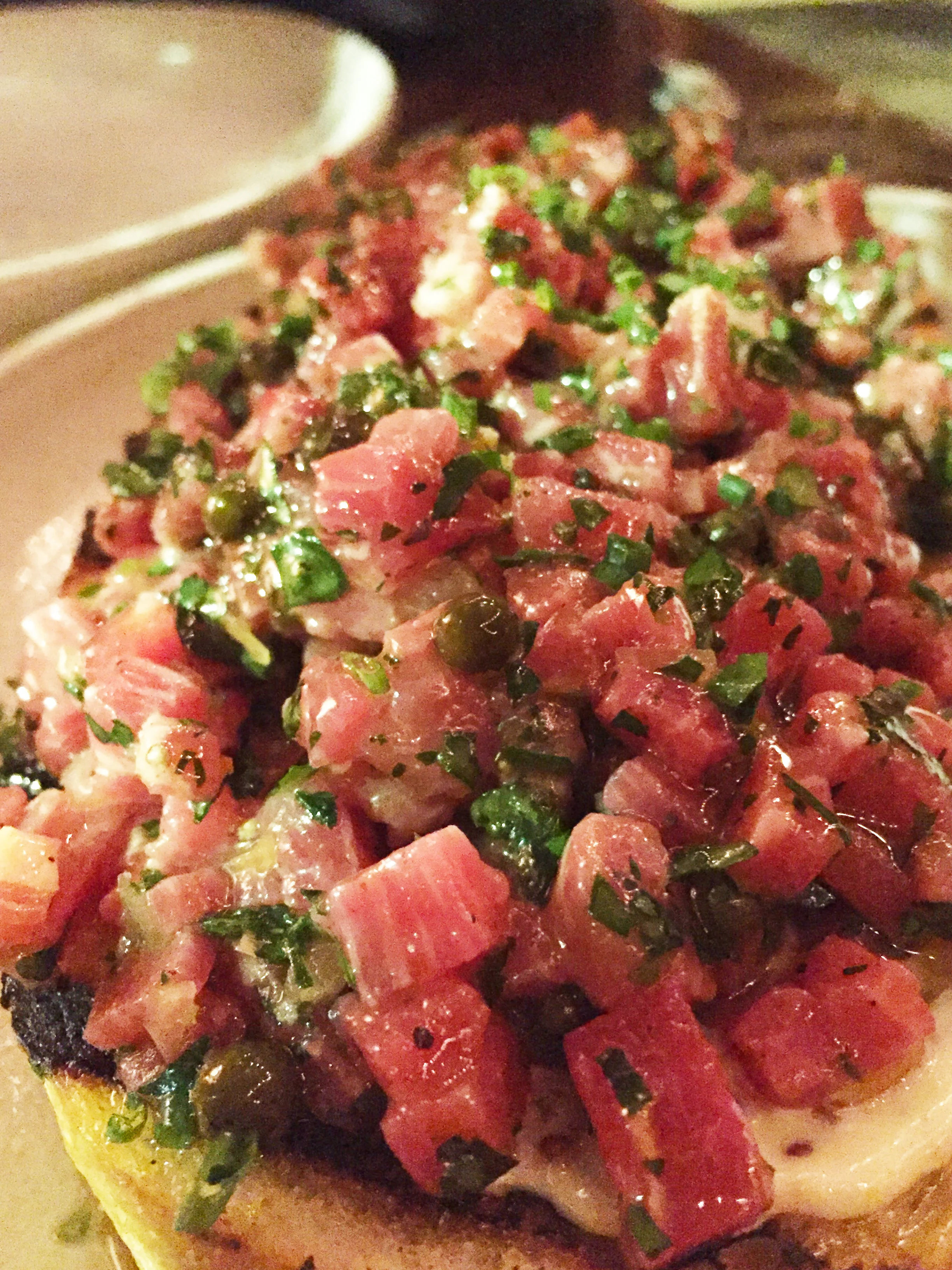 Chop steak, green peppercorn, shallot, aioli, grilled bread.