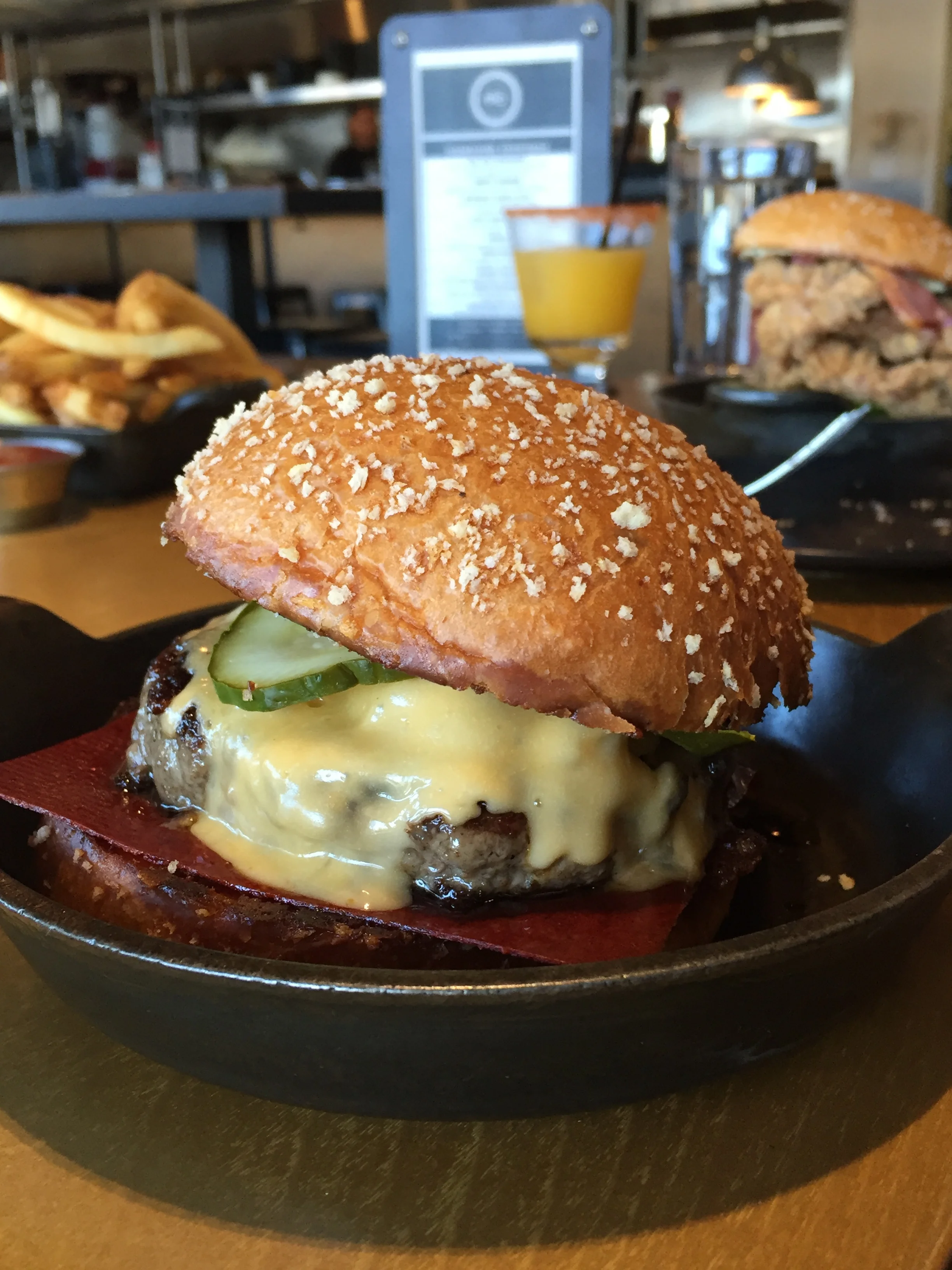 PCB (PLAN CHECK BURGER) - Americanized dashi cheese, Ketchup Leather, schmaltz onions, mixed pickles, crunch bun.