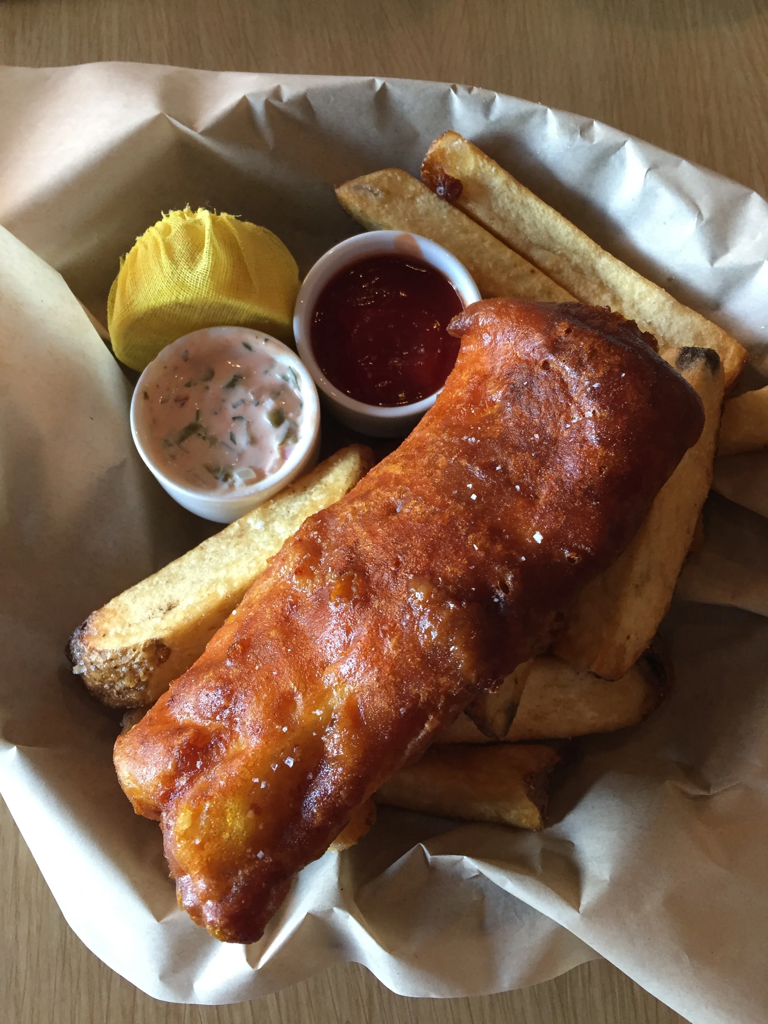 Fish and chips, tartare sauce, malt vinegar.