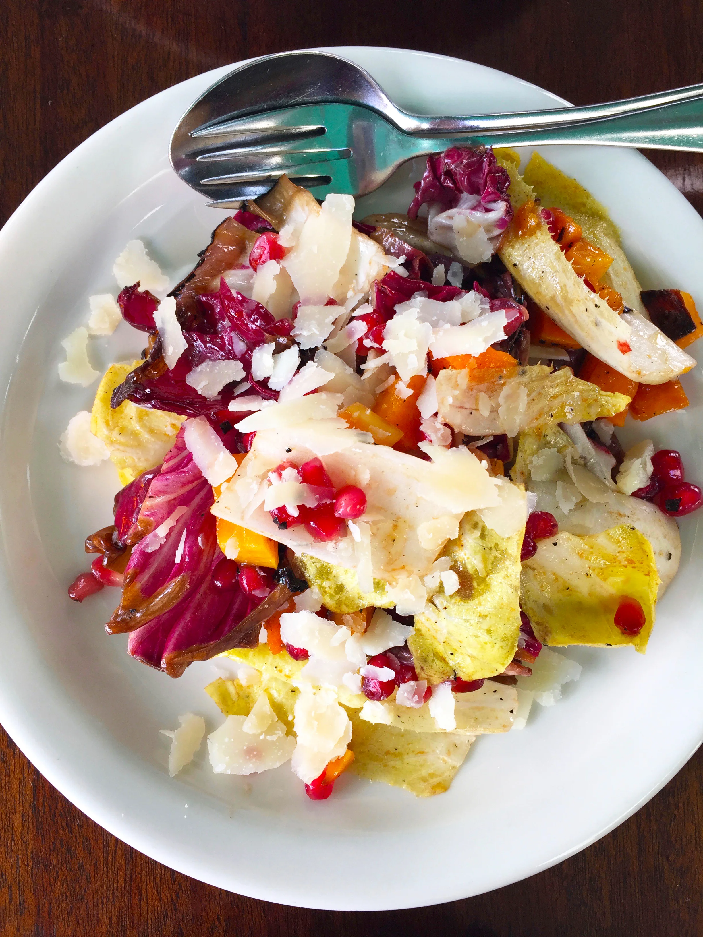 Grilled Radicchio & Endive salad with roasted squash, pomegranate, balsamic vinaigrette and pecorino.