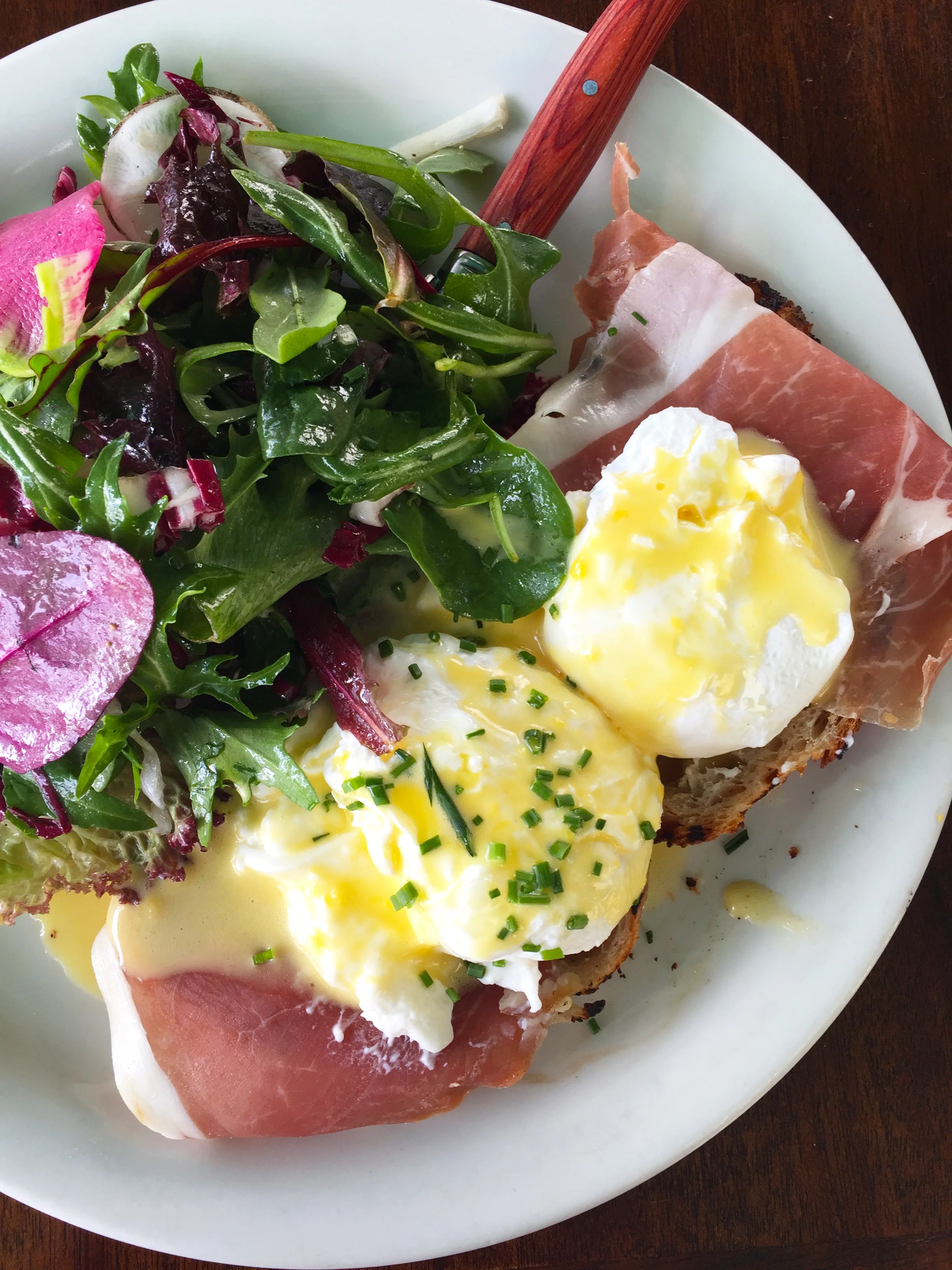 MP Benny with prosciutto, burrata, two poached eggs, and spicy hollandaise.