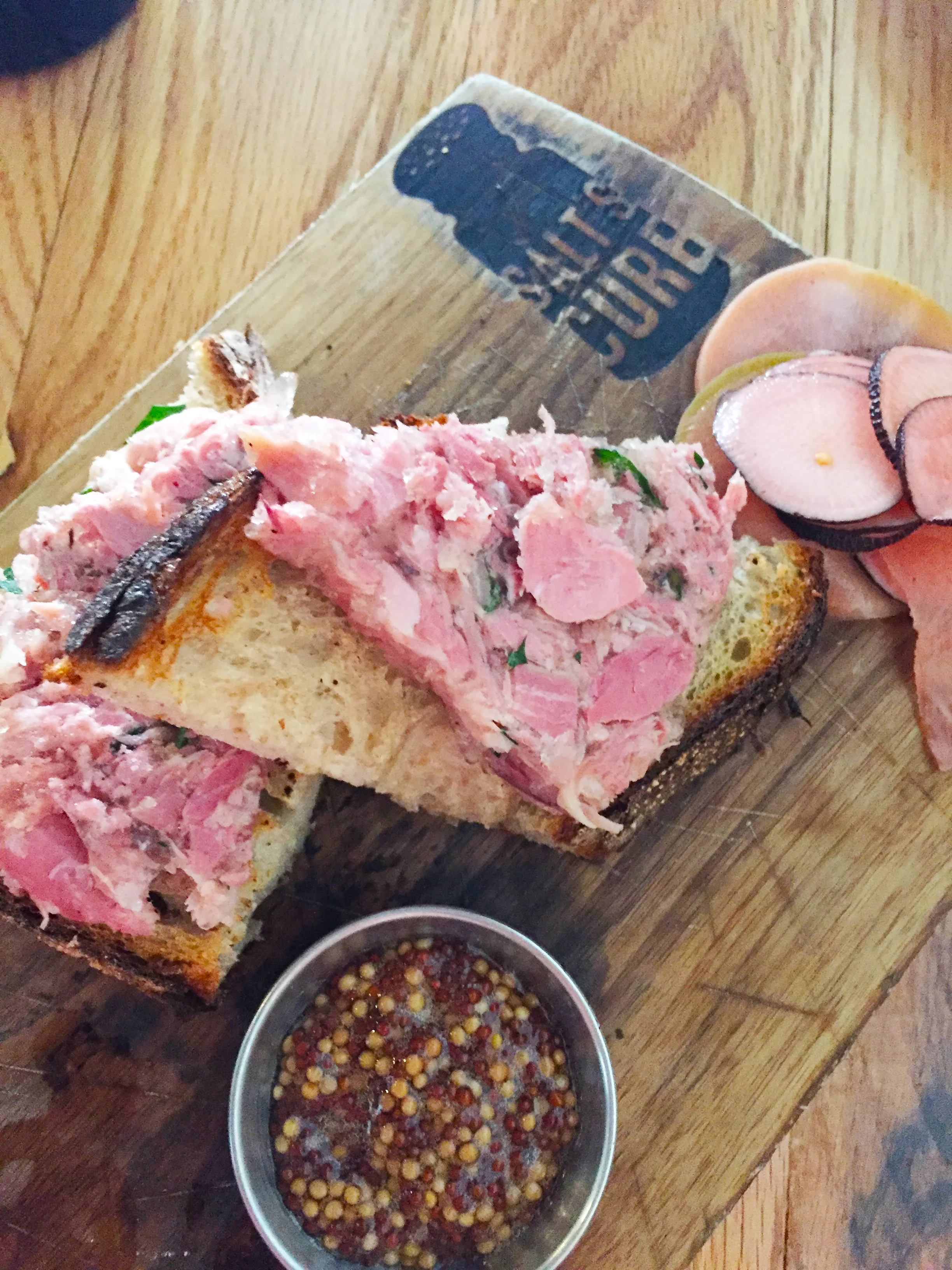 Black Trumpet & Pork Terrine with whole grain mustard, pickles, and grilled bread.
