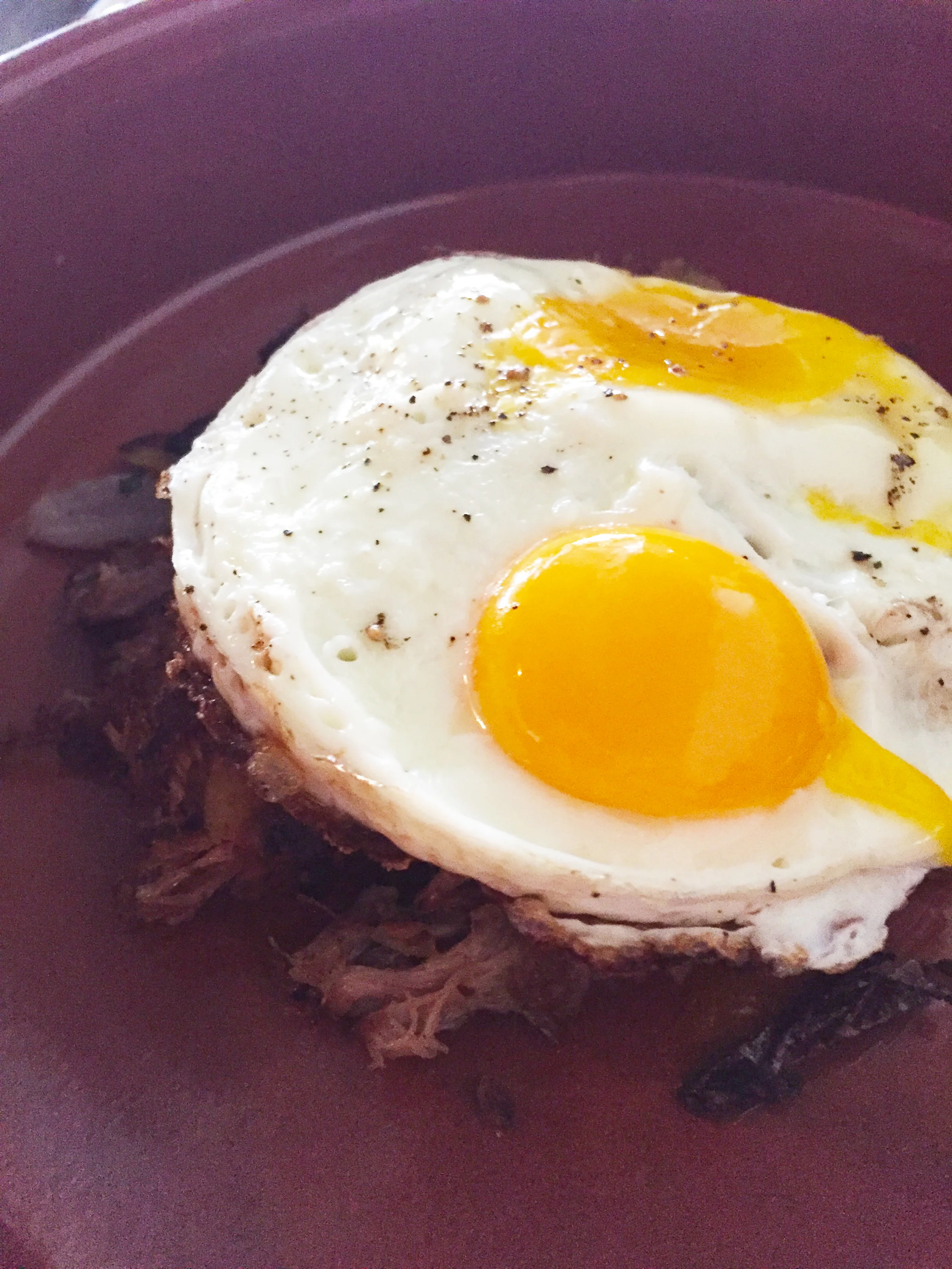 Pork Hash with fried eggs.