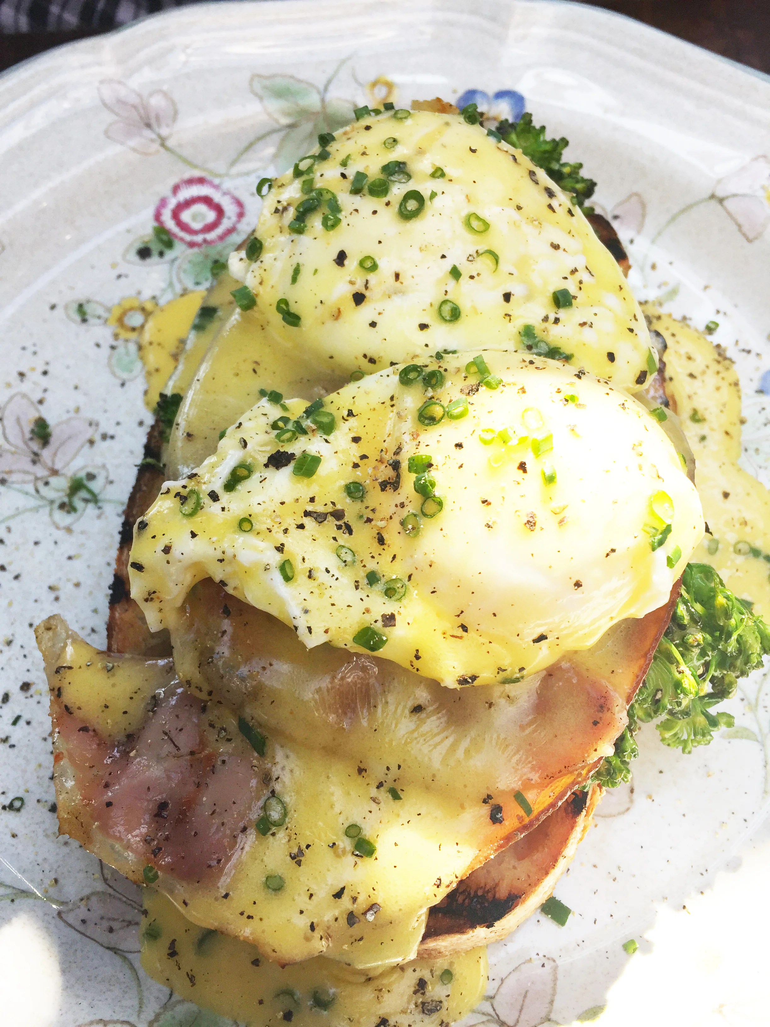 Poached eggs with Broadbents ham, grilled broccoli, hollandaise, and country bread.