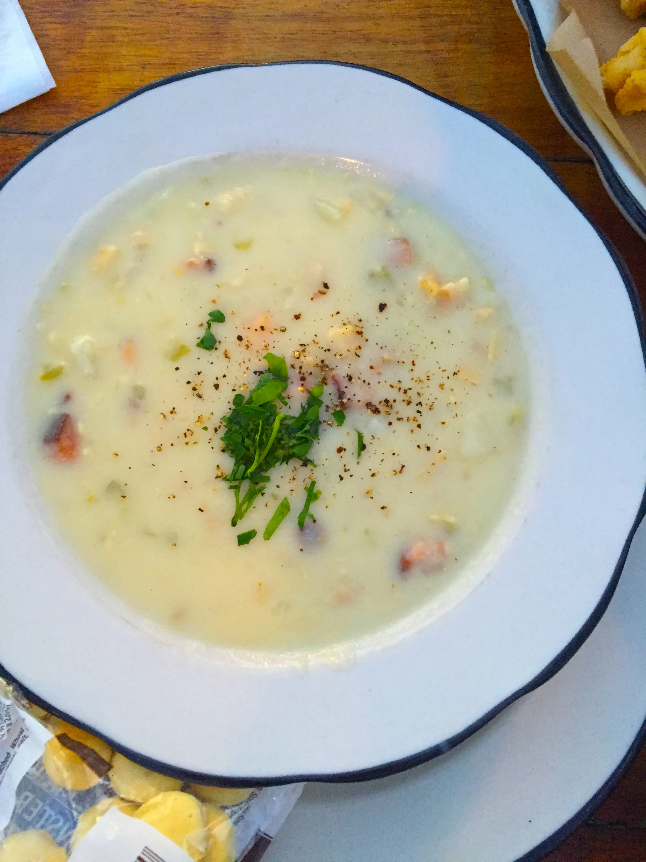New England Clam Chowder with bacon, potatoes, and ocean clams.