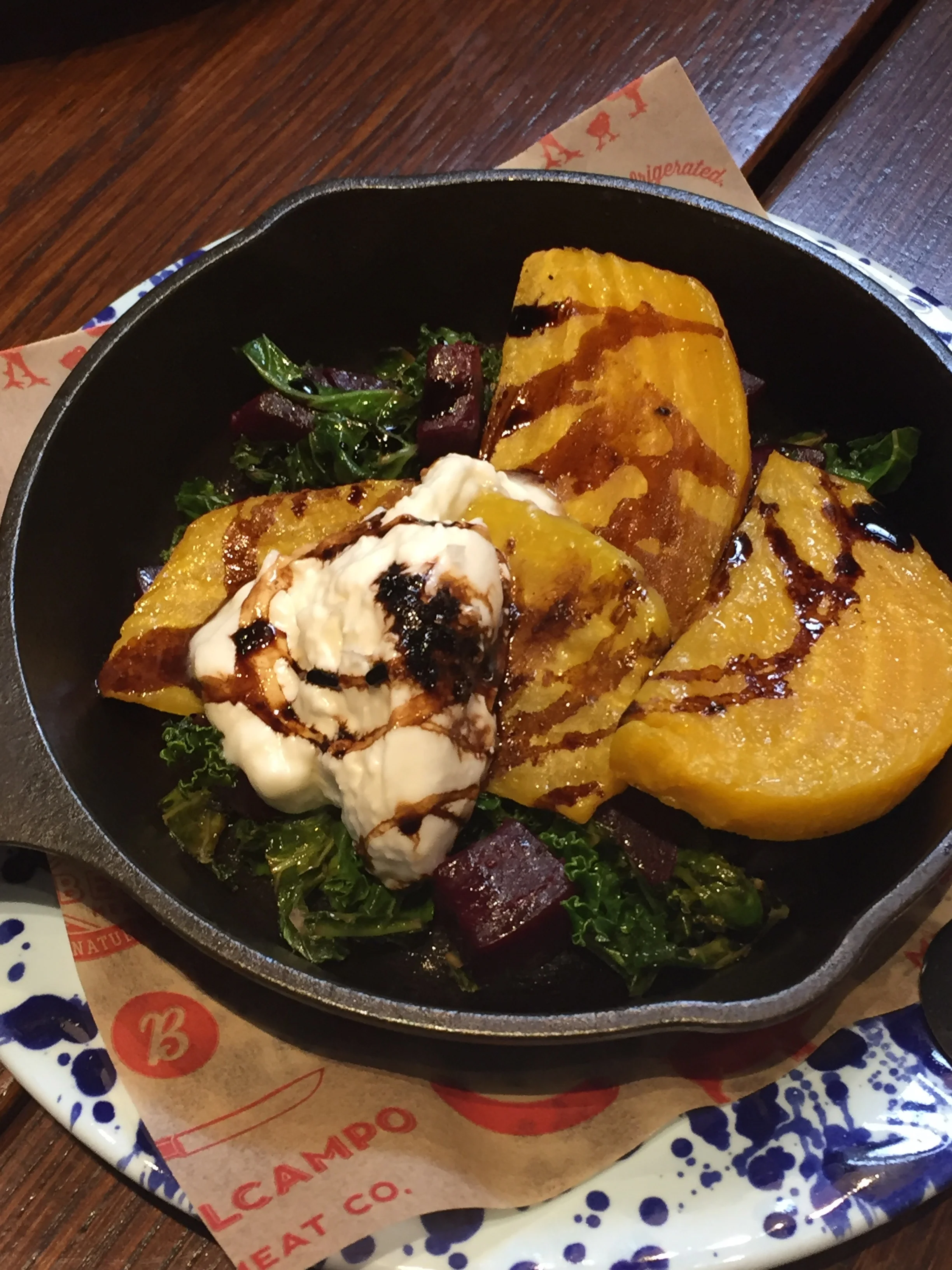 Roasted Red & Gold Beets with burrata, kale, and balsamic reduction.