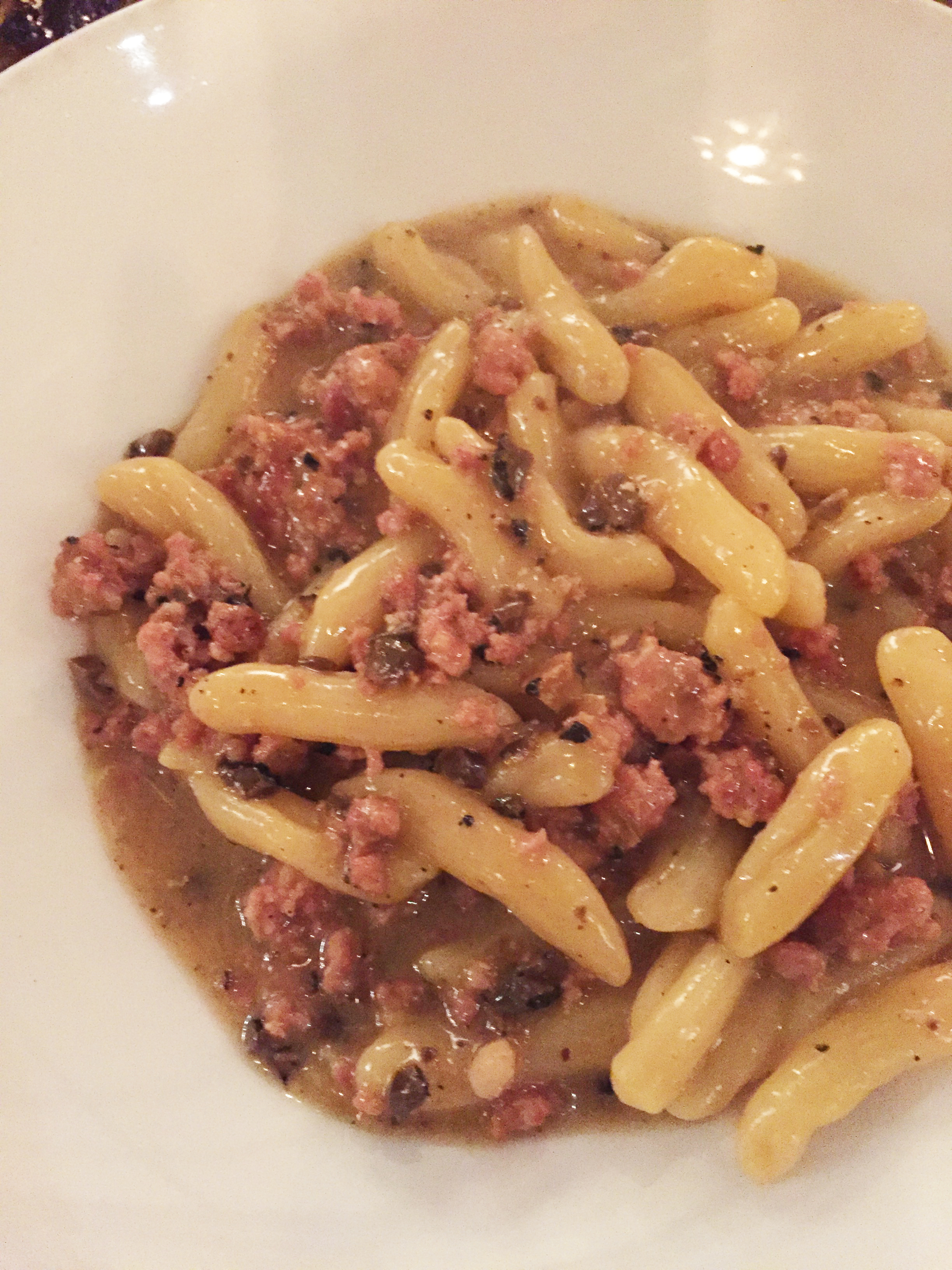 Cavatelli all Norcina with ricotta dumplings, house made pork sausage, black truffles, and grana padano.