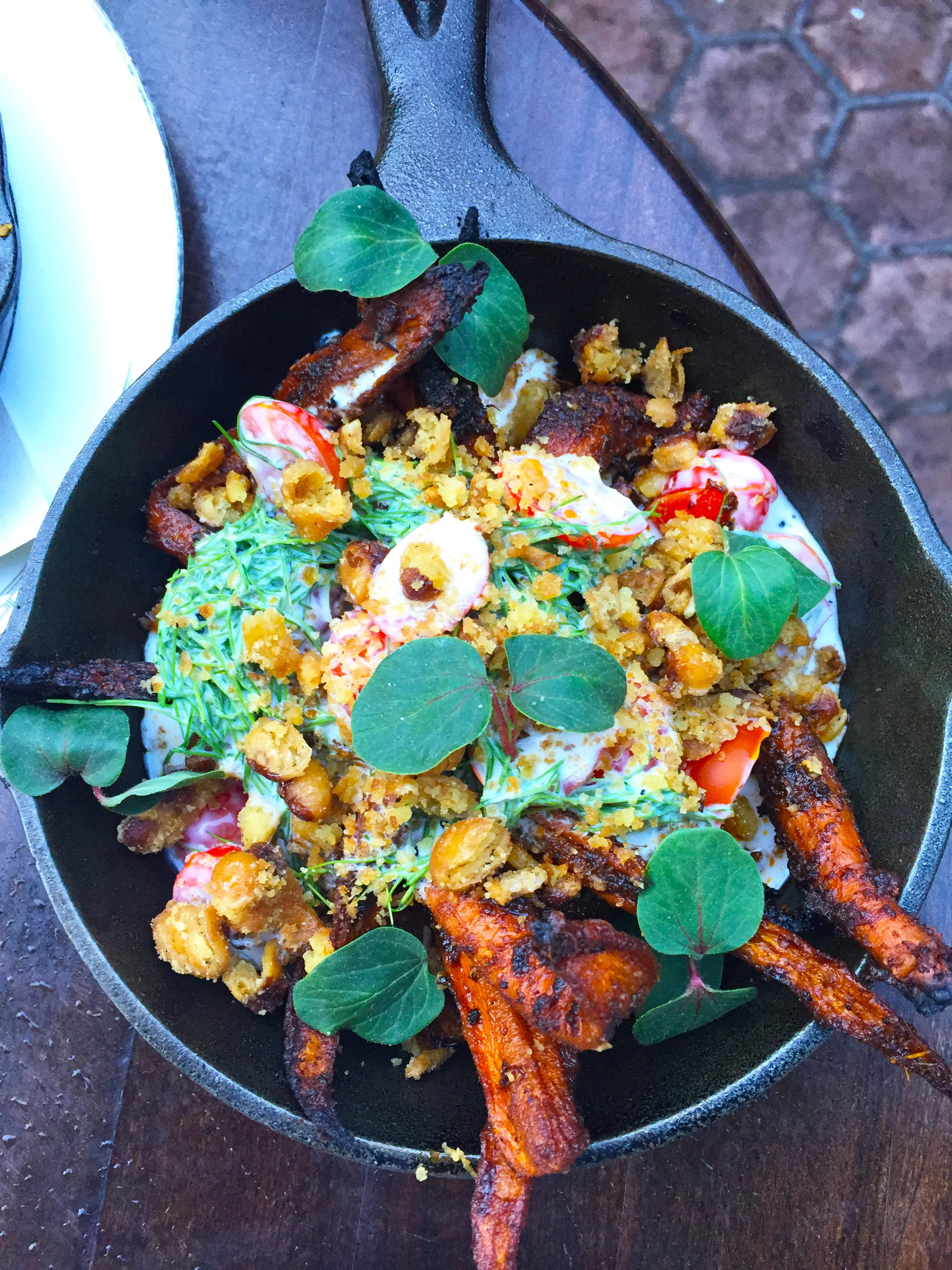 Spicy Roasted Carrots with Goat Kefir-Marinated Tomatoes, Toasted Yellow Eyed Peas, & Emeril's BAM!