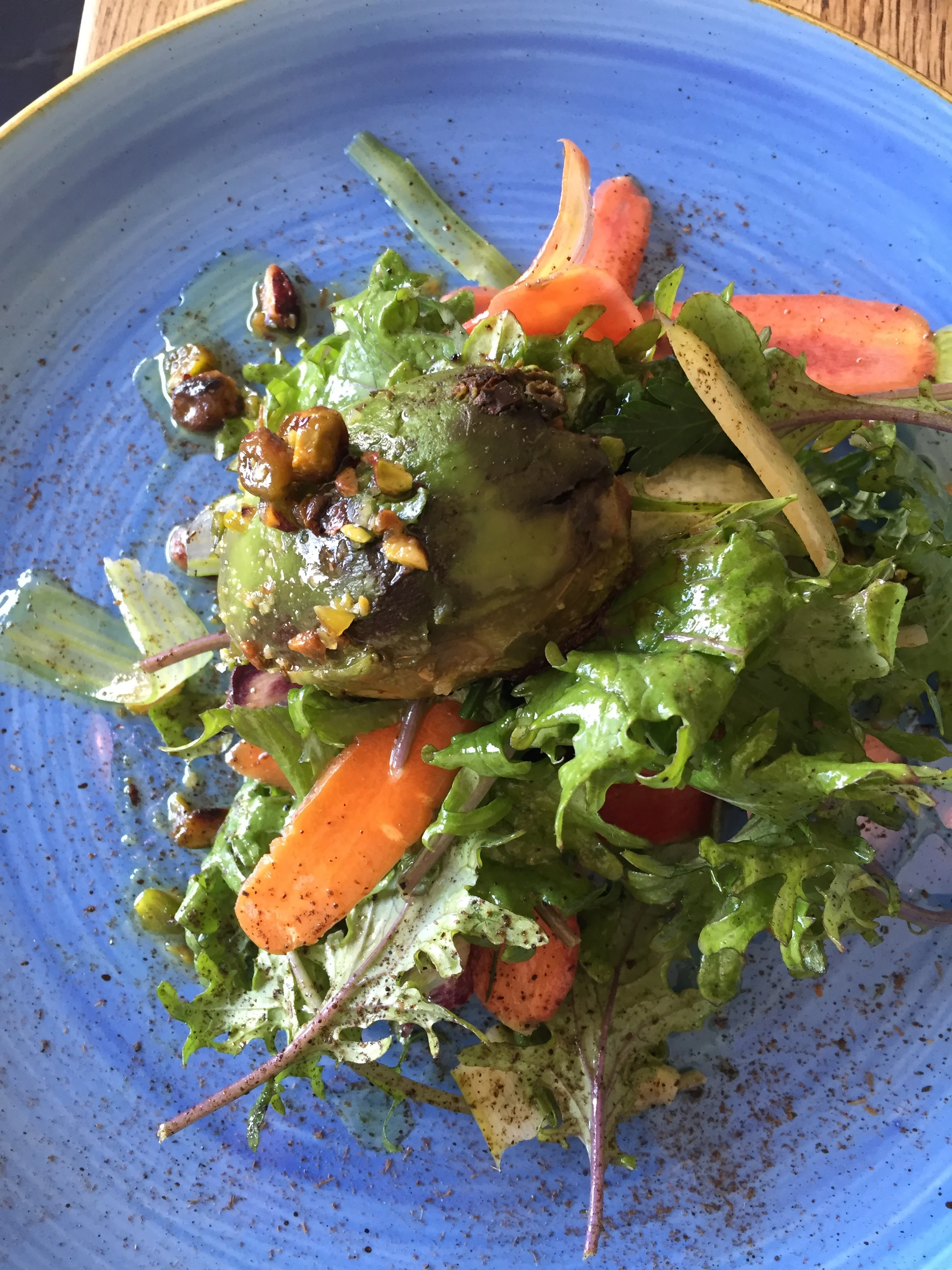 CHARRED AVOCADO shaved vegetables / pistachio / ash / kale