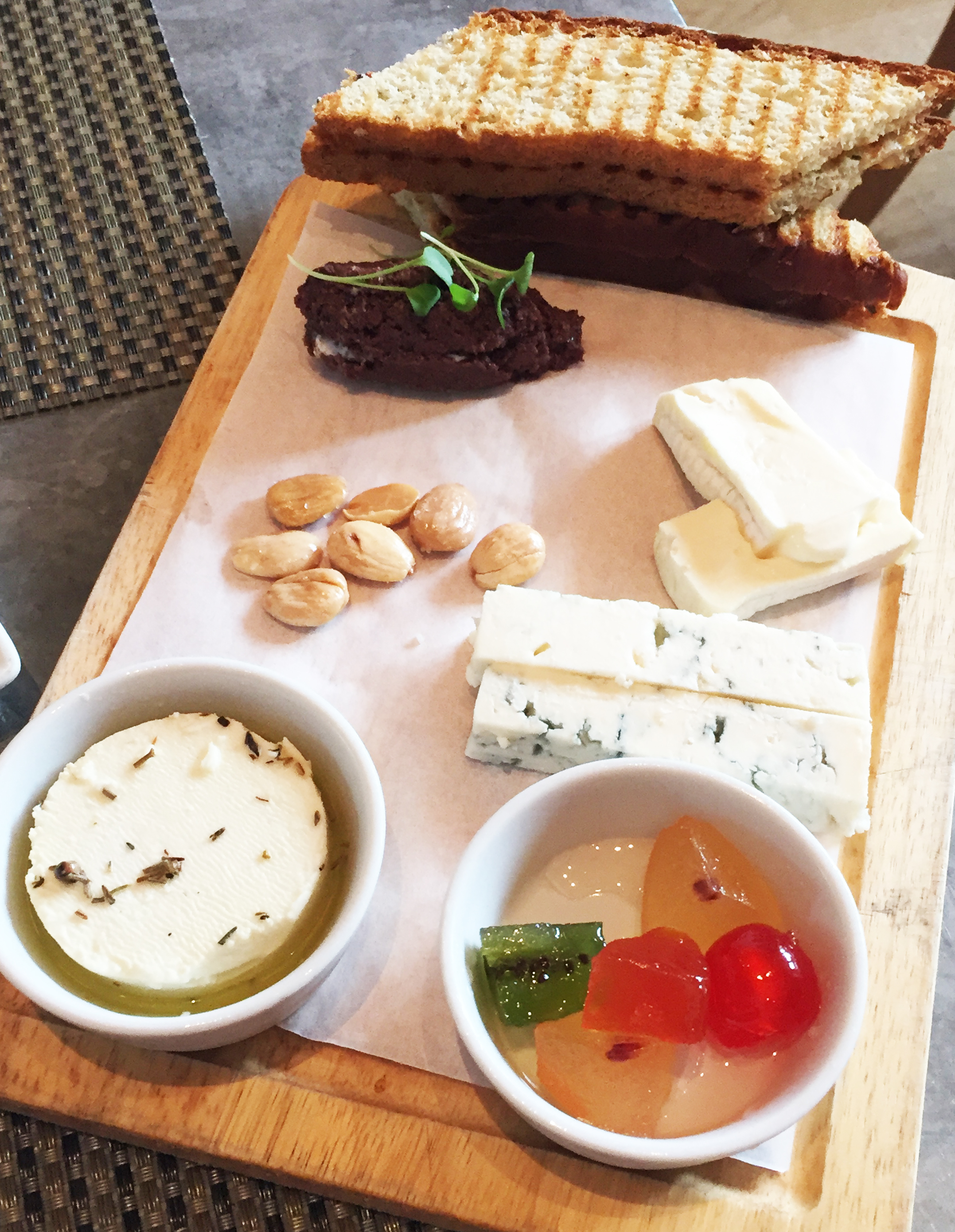 Cheese Board | assortment of 3 cheeses, F&O tapenade , fruit aspic, marcona almond, toast