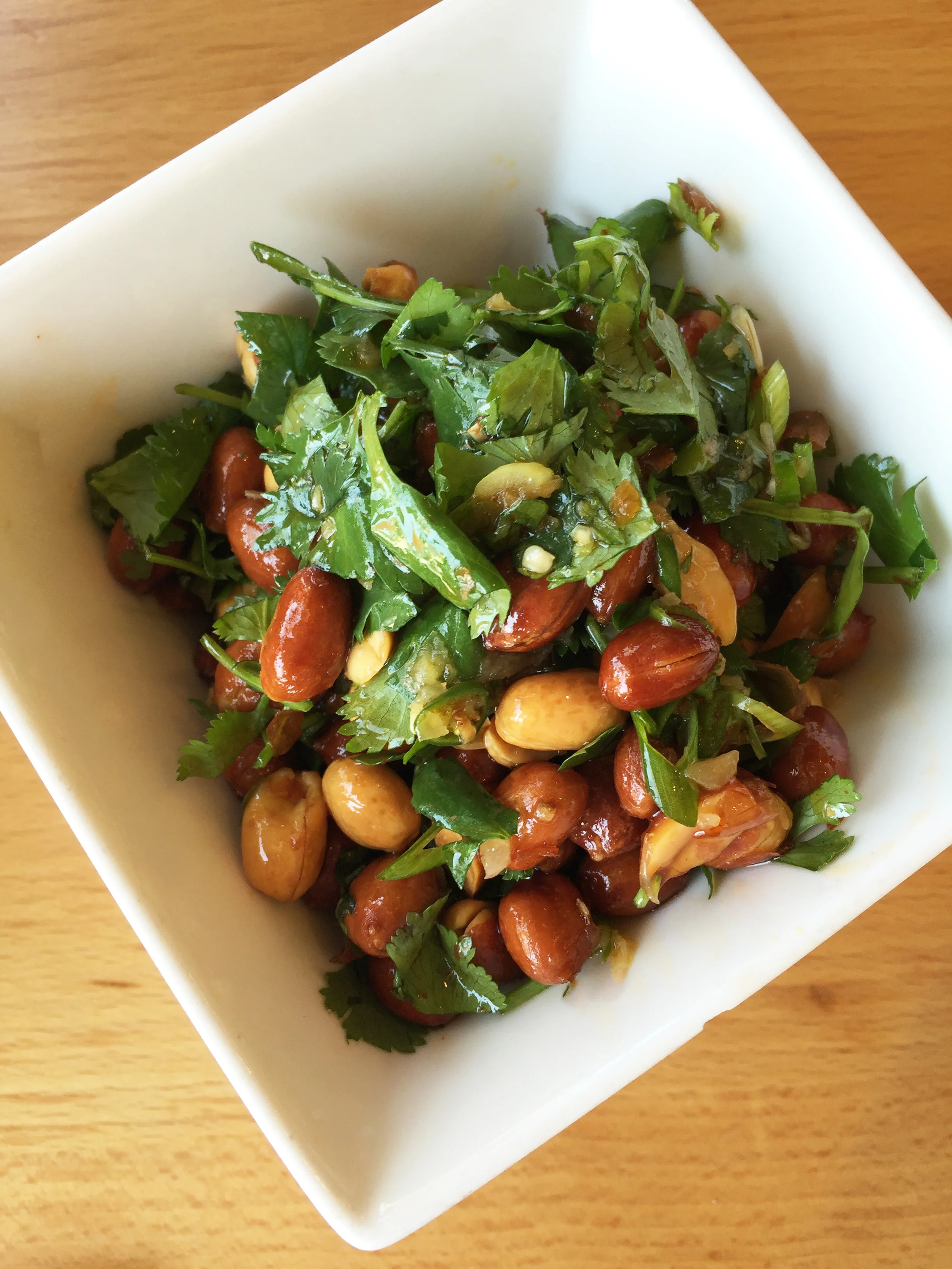 SPICY PEANUTS - Chilies, Cilantro, Scallions, Vinegar.