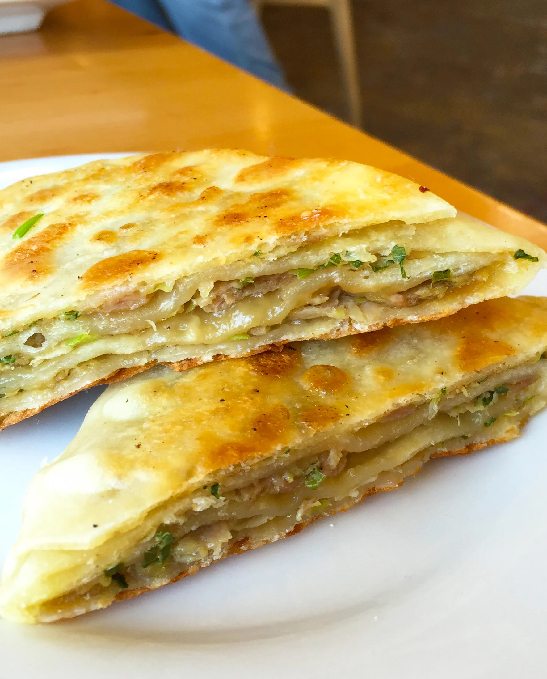 LAYERED PORK PANCAKE - Kurobuta Pork, Scallions.