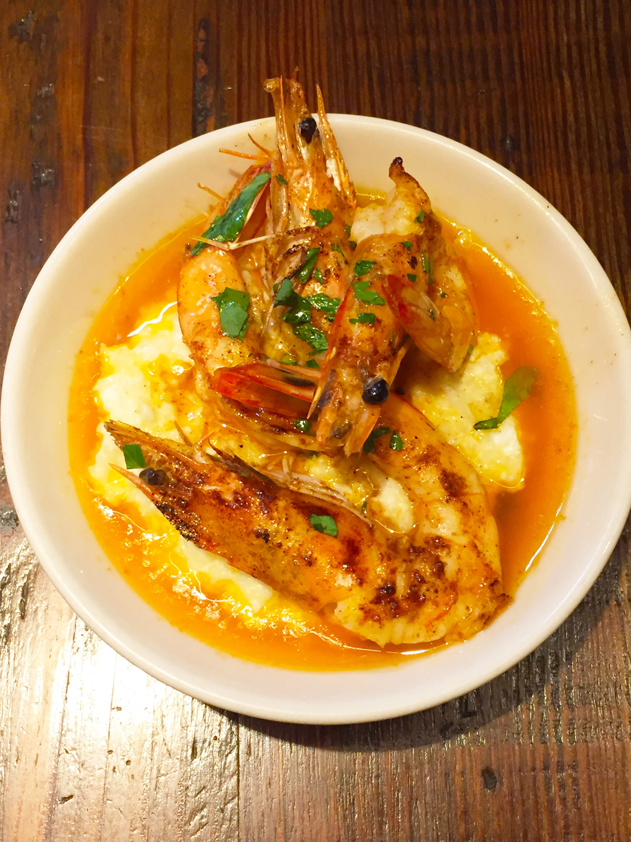 Grilled prawns + cauliflower “grits”, smoked paprika butter