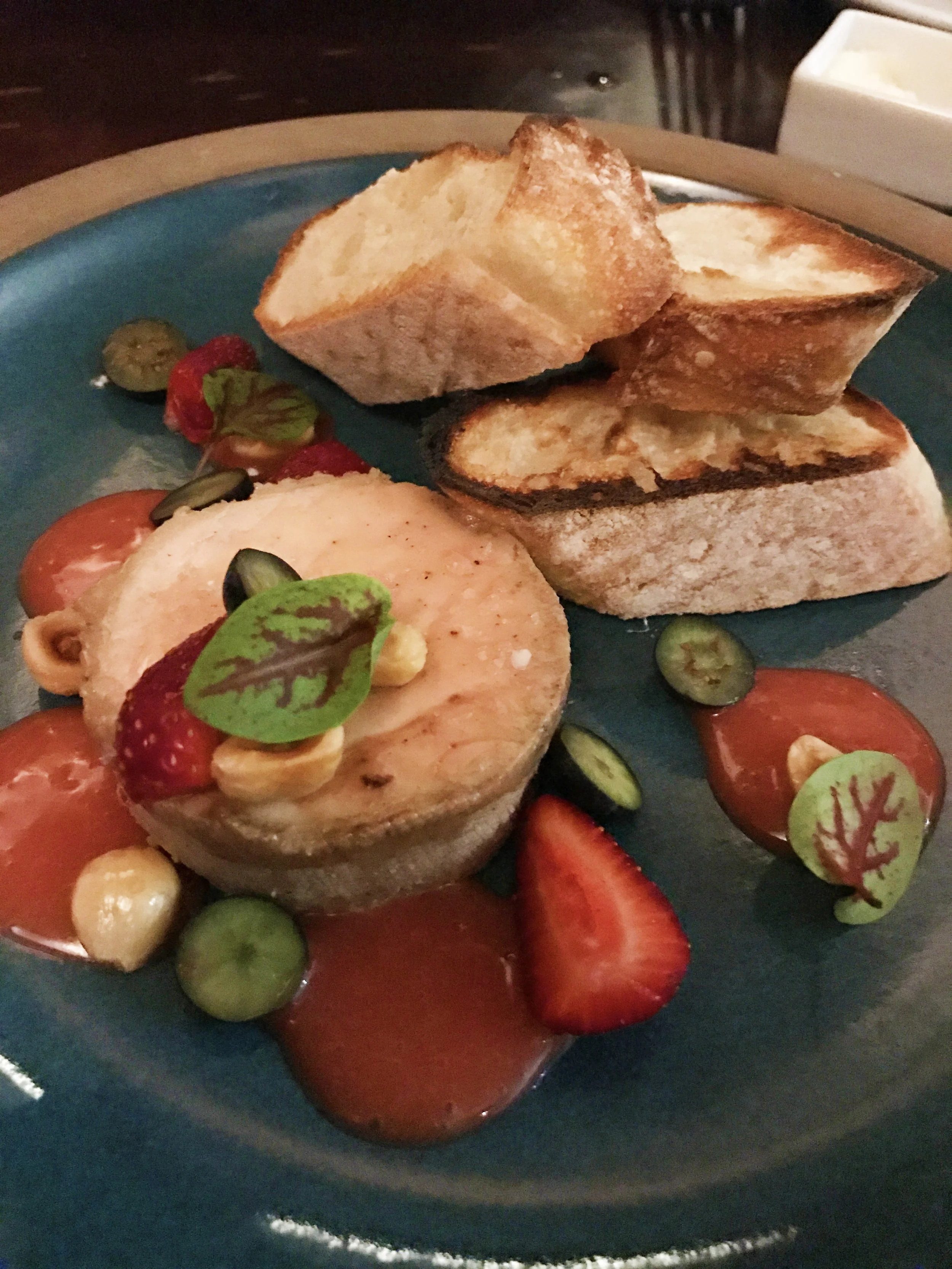Foie gras torchon, strawberry, hazlenut, and sorrell