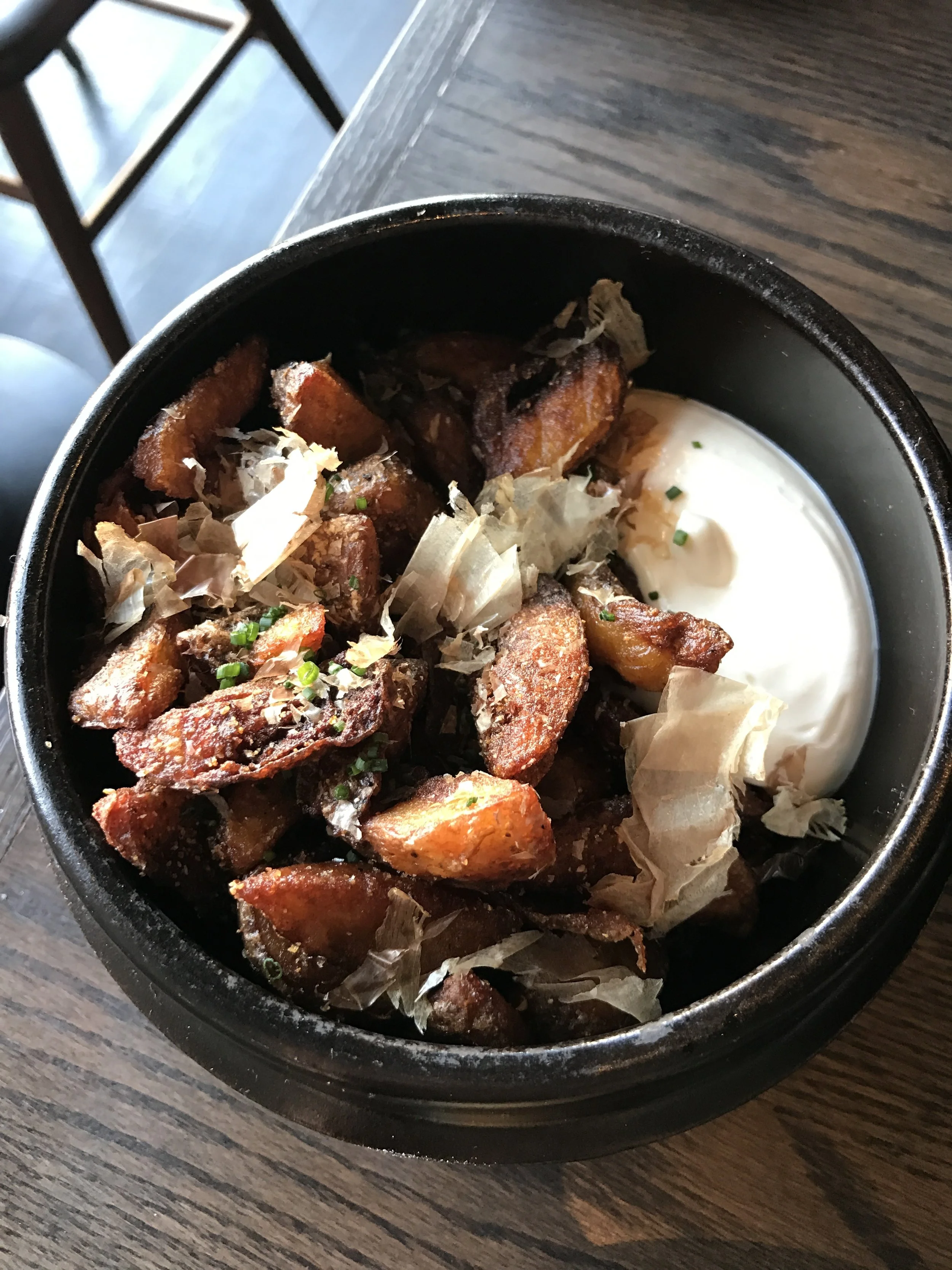 Yukon fries, soy dusted with bonito flakes and tofu mayo.
