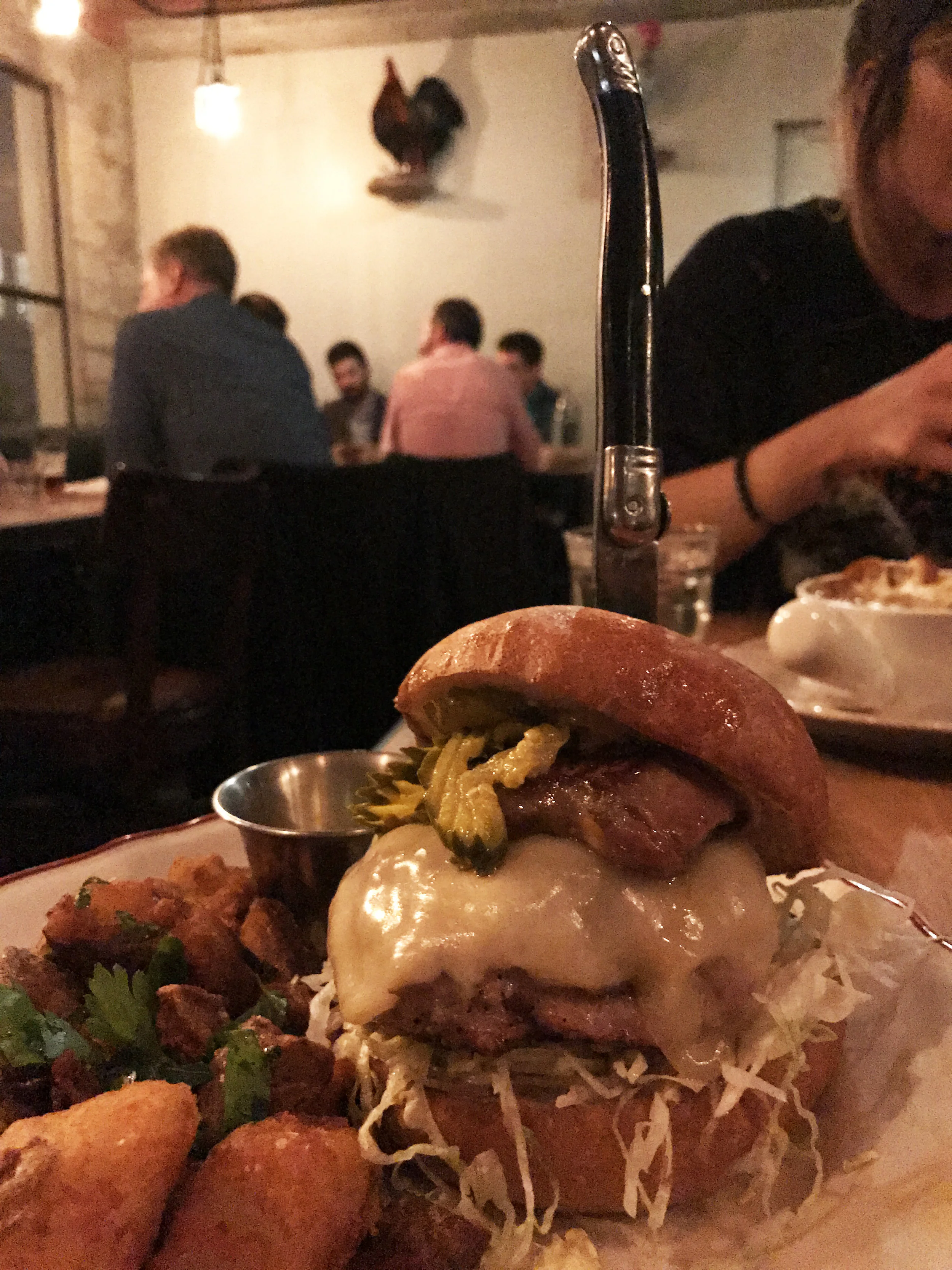 “HAM”BURGER with seared foie gras, caramelized onions, grandma’s pickles, gruyere, & chips