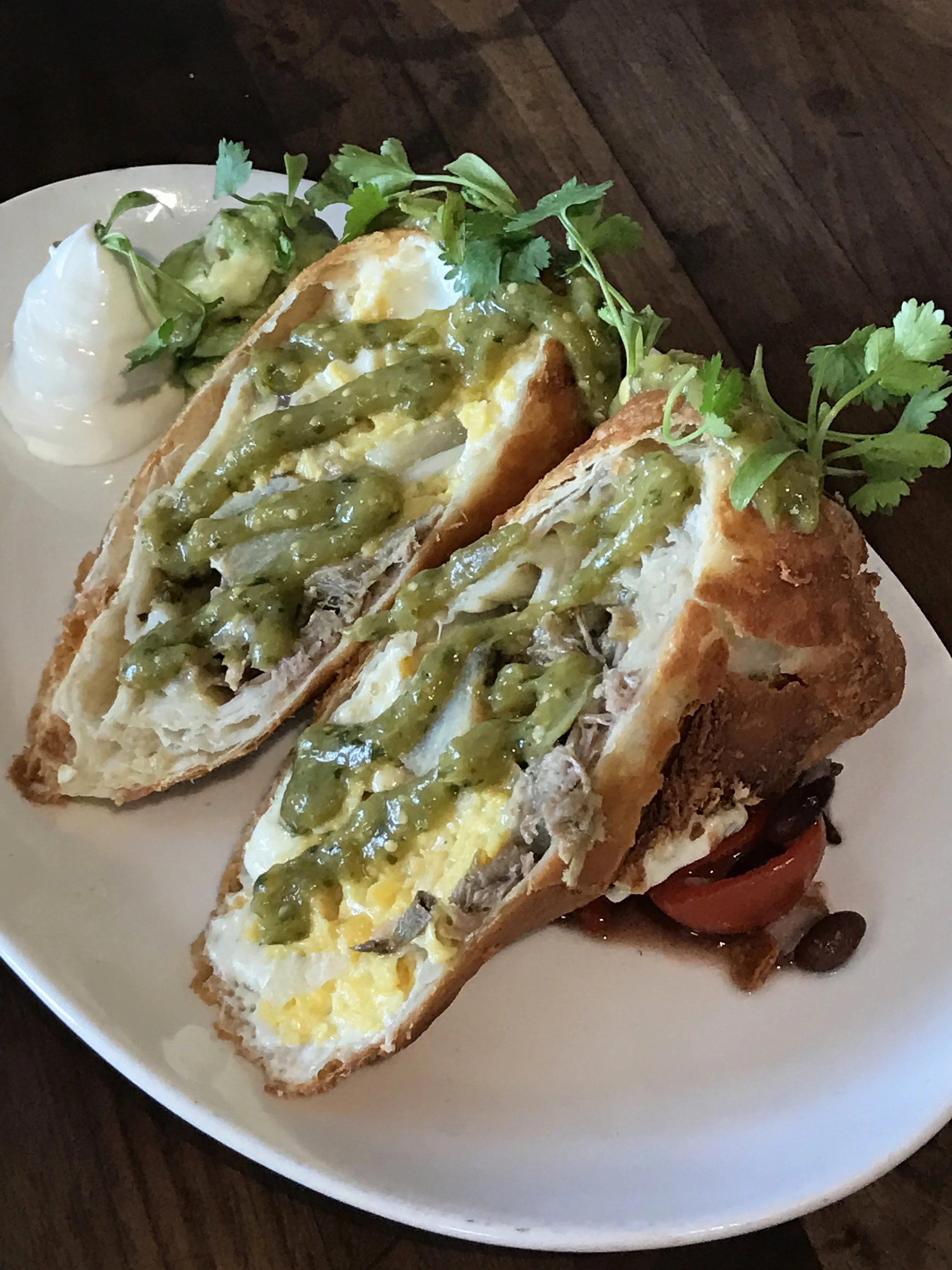 Chimichanga with scrambled egg, salsa verde pork, and pepperjack