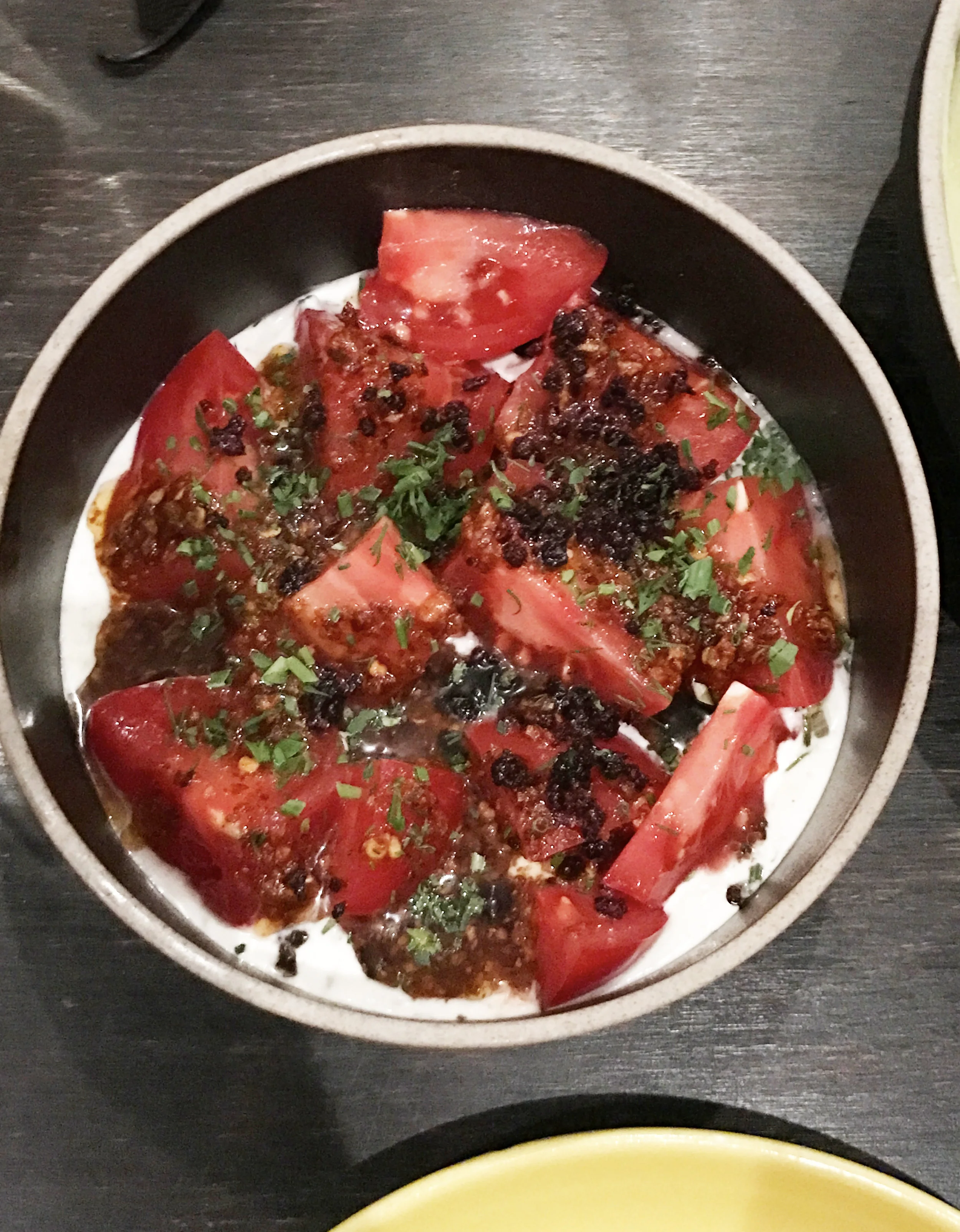 Momotaro Tomato bagna cauda, lap xuong, creme fraiche, fines herbs