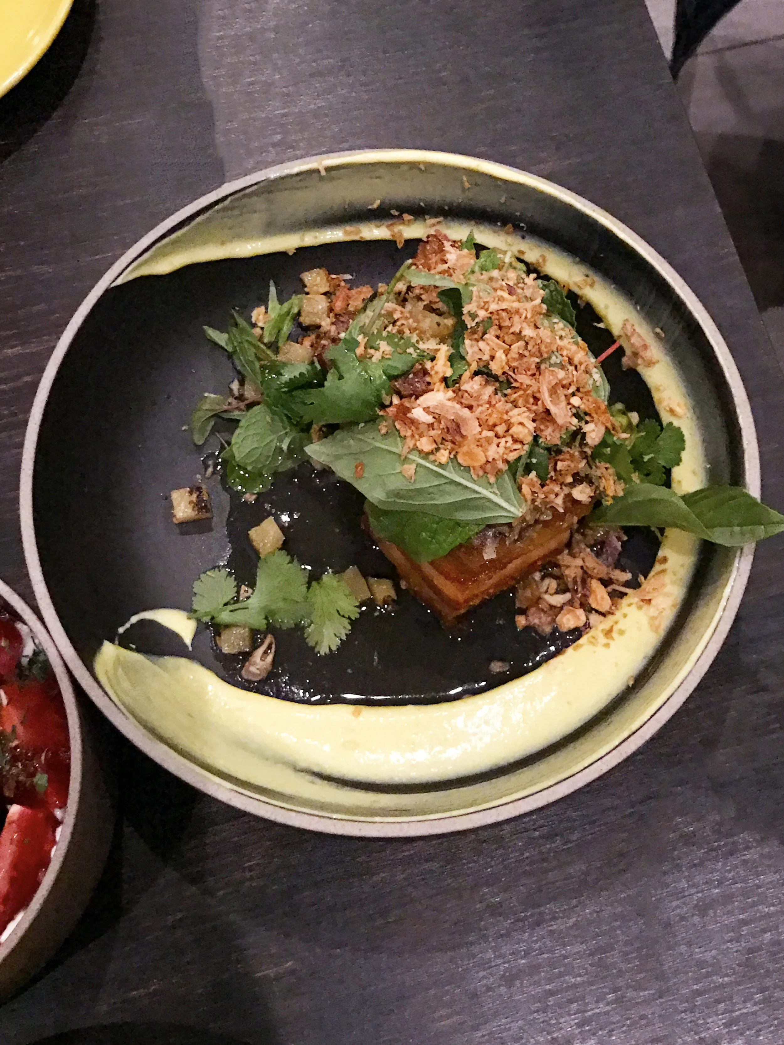 Heritage Red Wattle Pork Belly key lime amba, pineapple, palm sugar, herbs, shallots