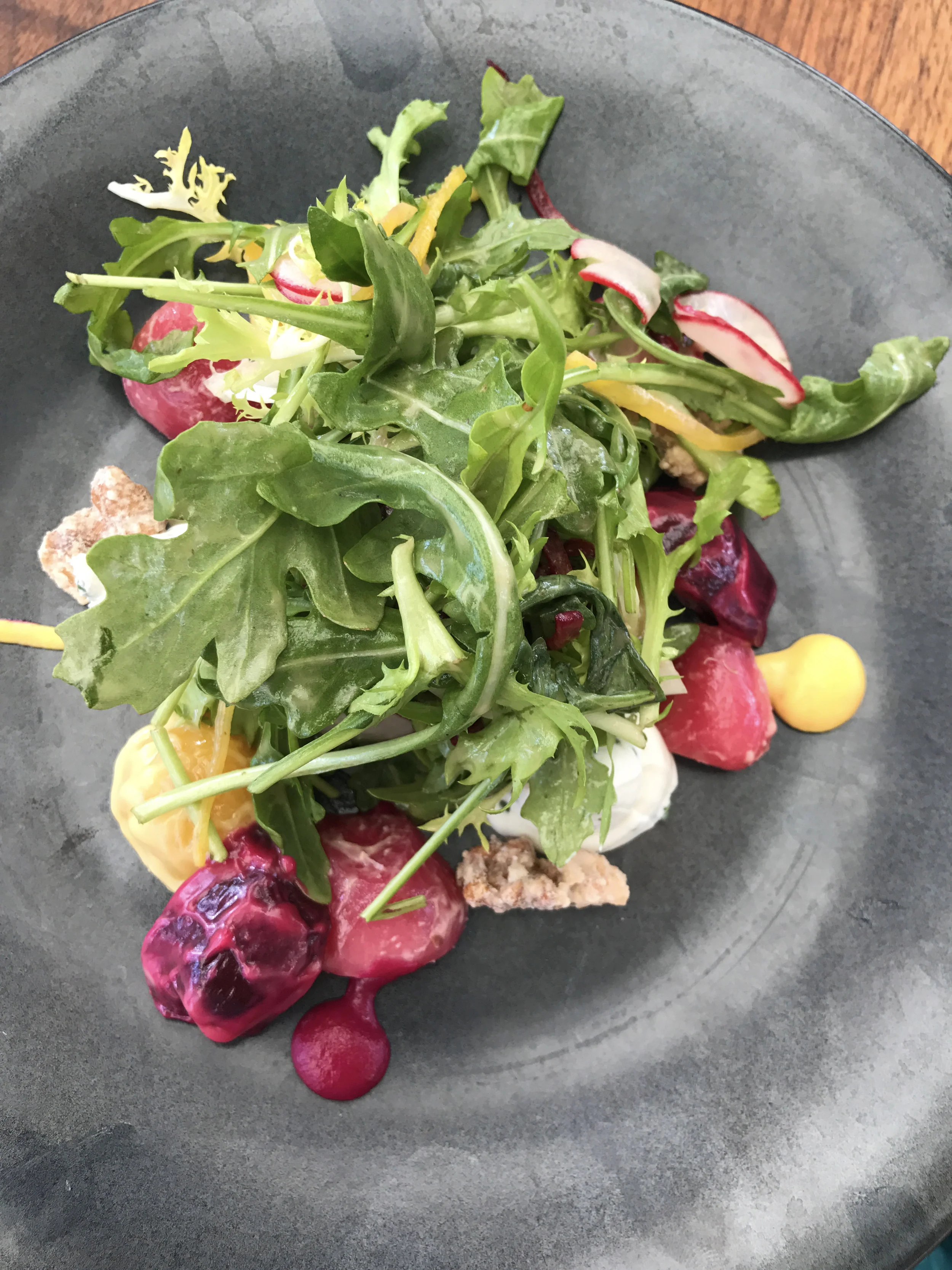Roasted tri-colored beet salad with goat cheese and candied walnuts