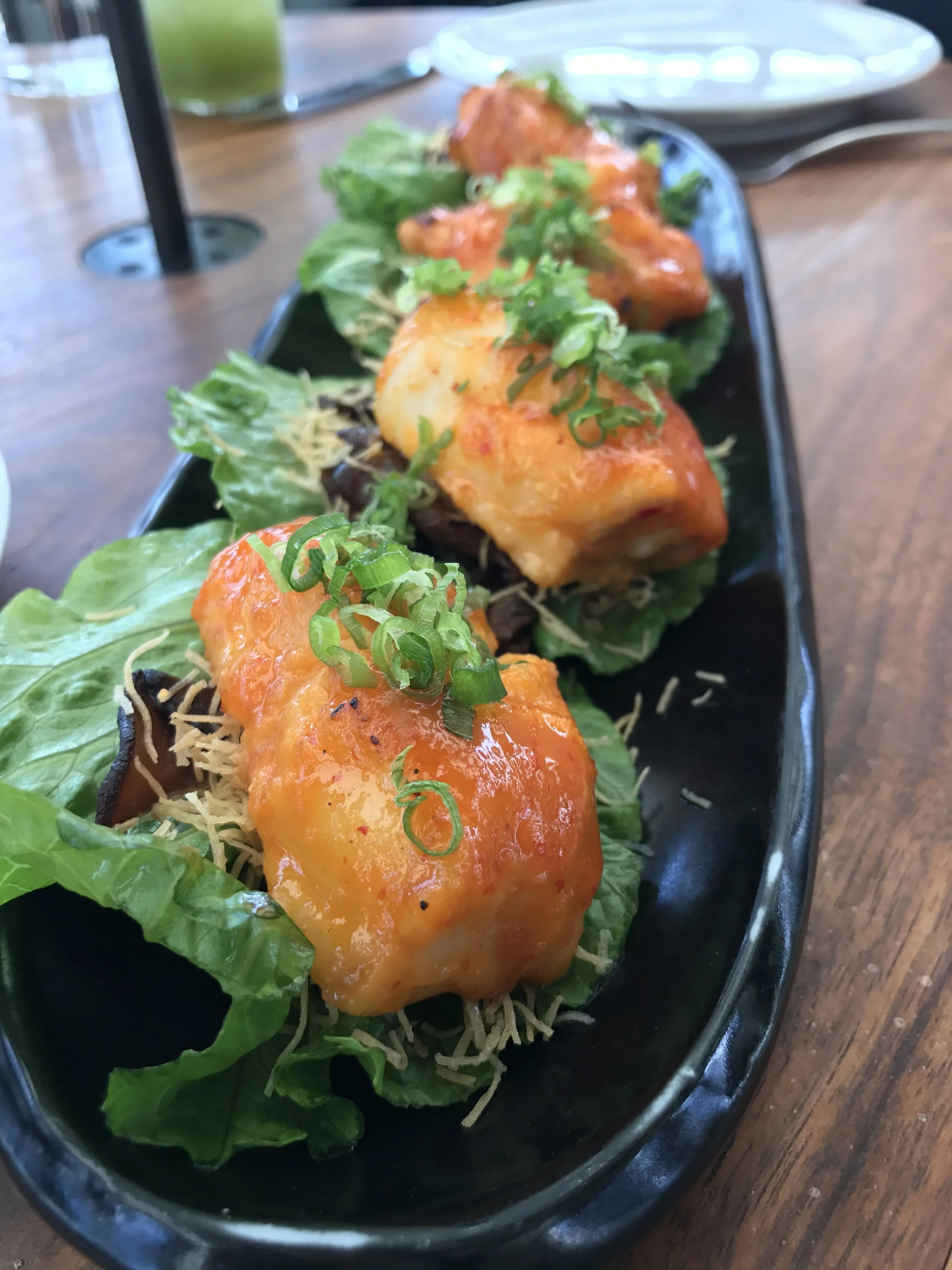 Black Cod Lettuce "Wraps" with bourbon-miso, kataifi, shitake mushrooms