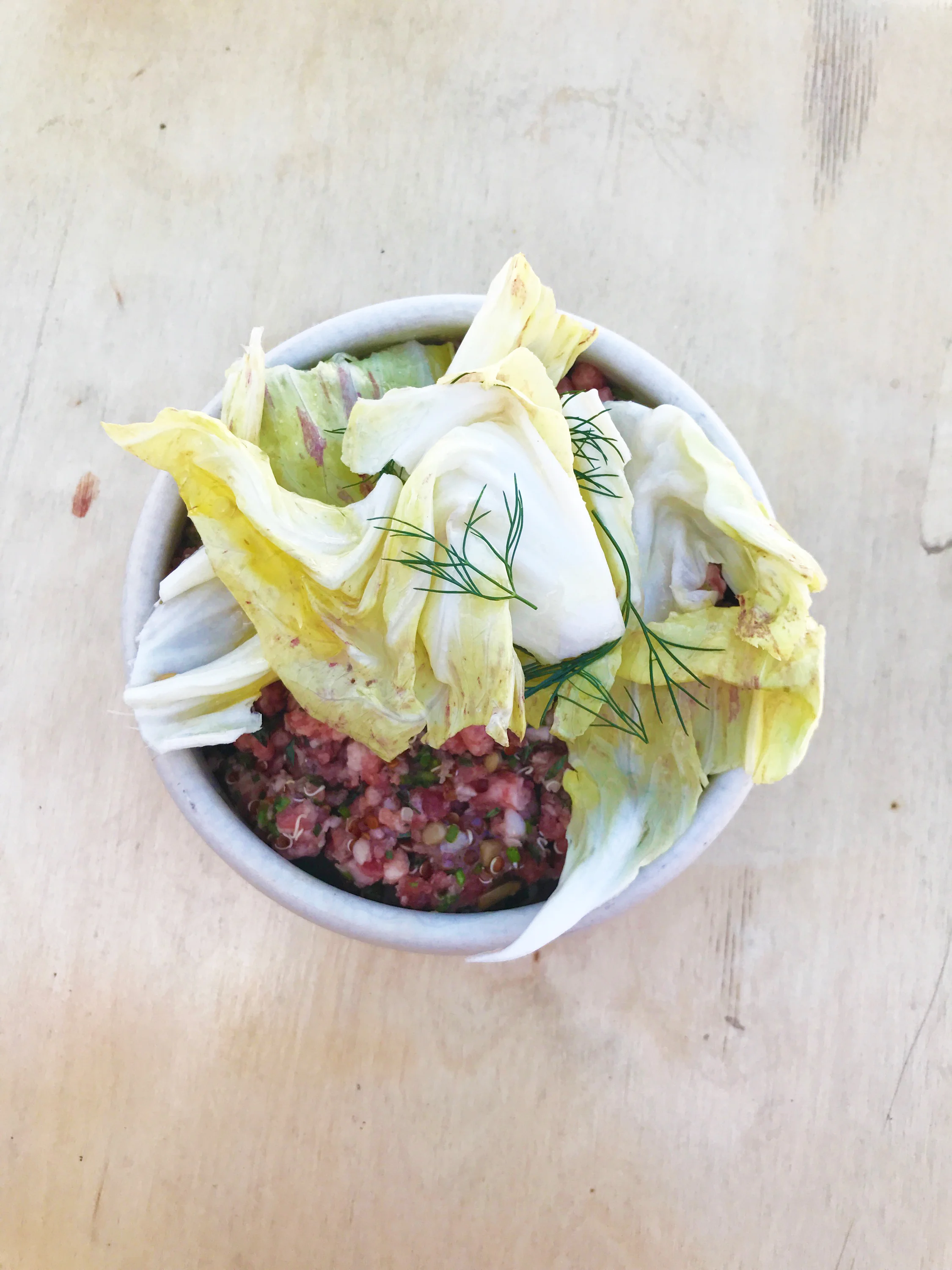 Beef tartare, smoked egg cream, pickled mushroom, chicory