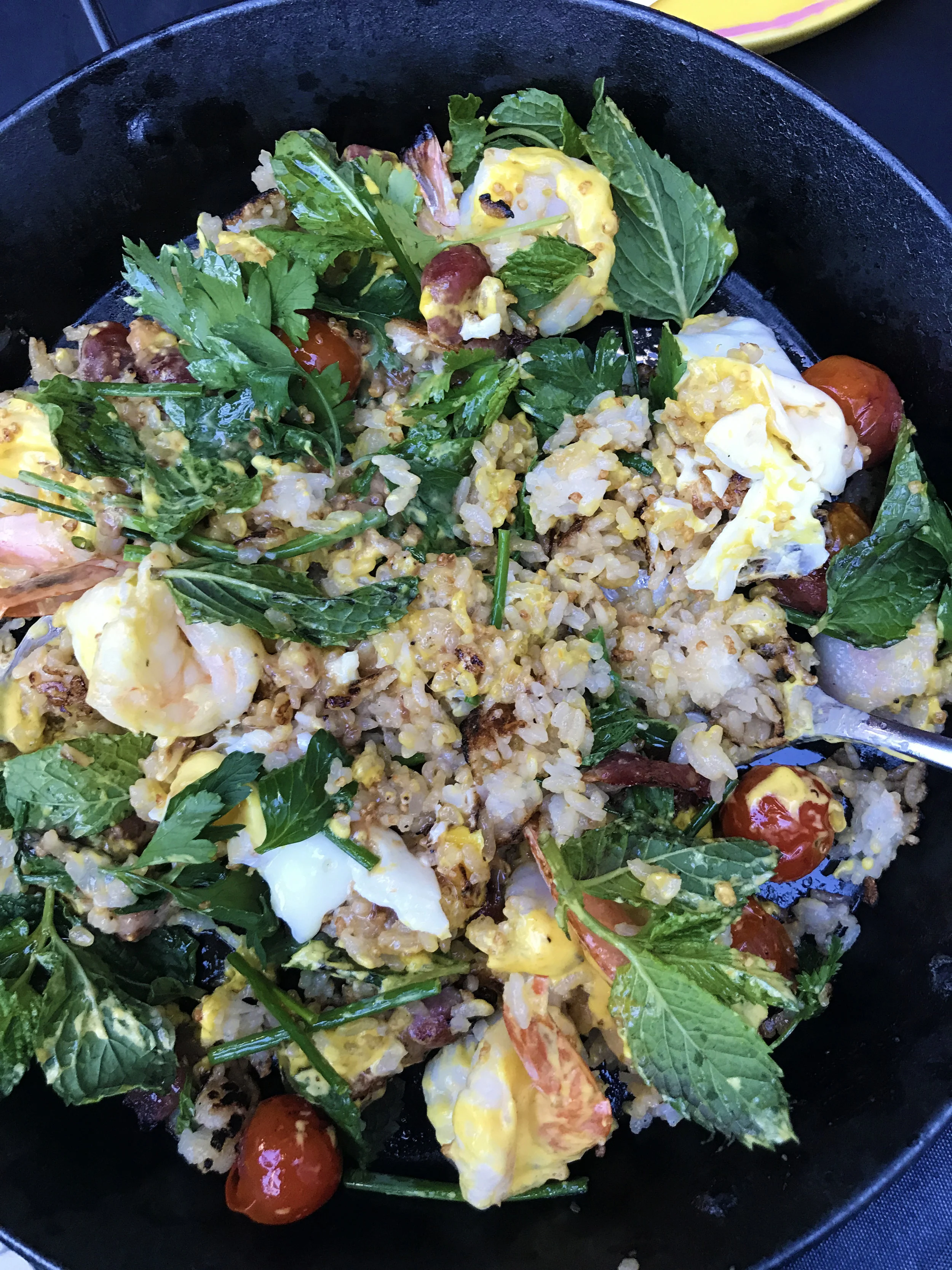 Chaufa Paella - peruvian fried rice paella-style, pancetta, la chang sausage, bagoong, prawns