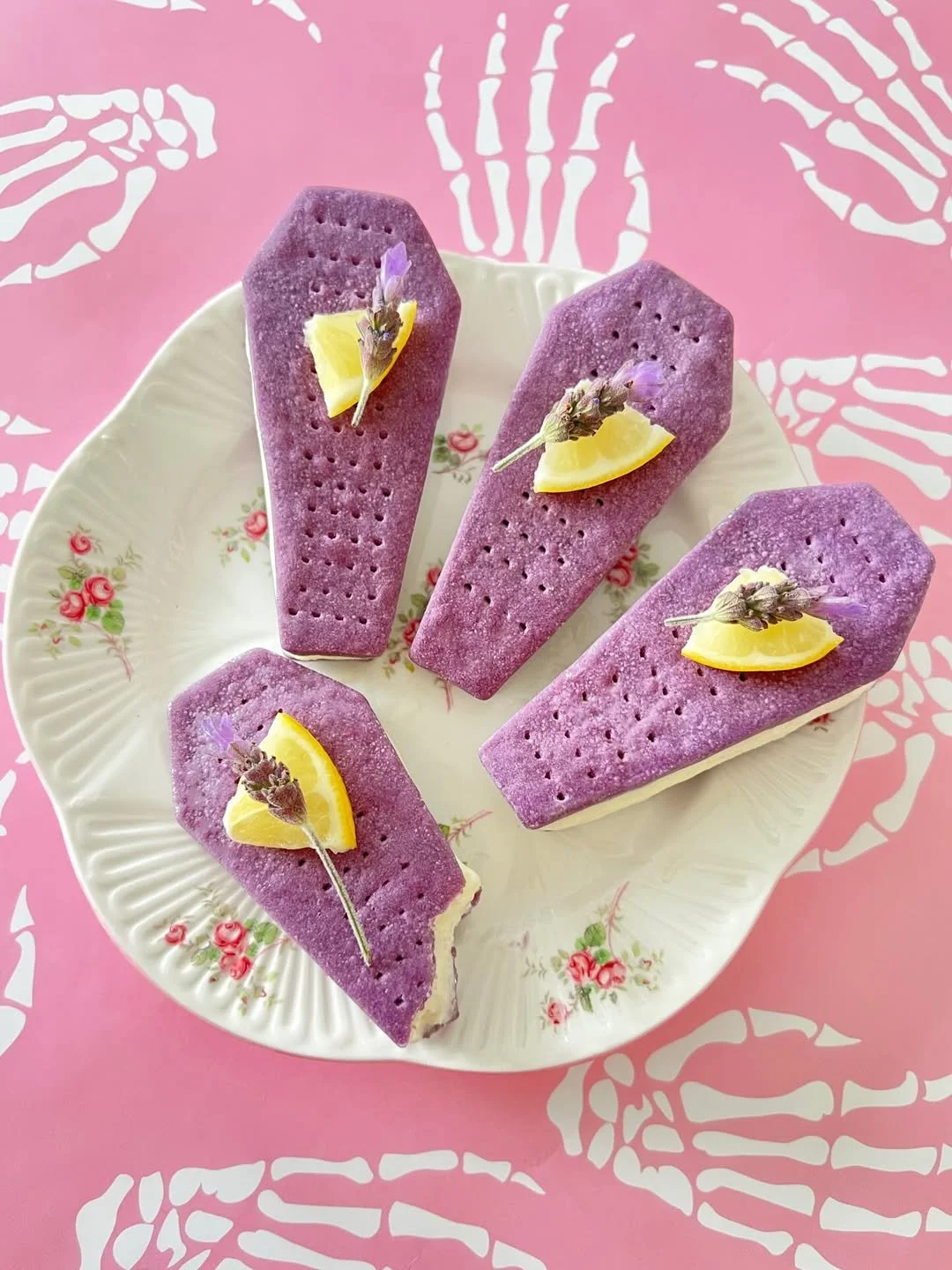 Ice cream sandwiches with lavender-flavored coffin-shaped cookies and lemon gelato
