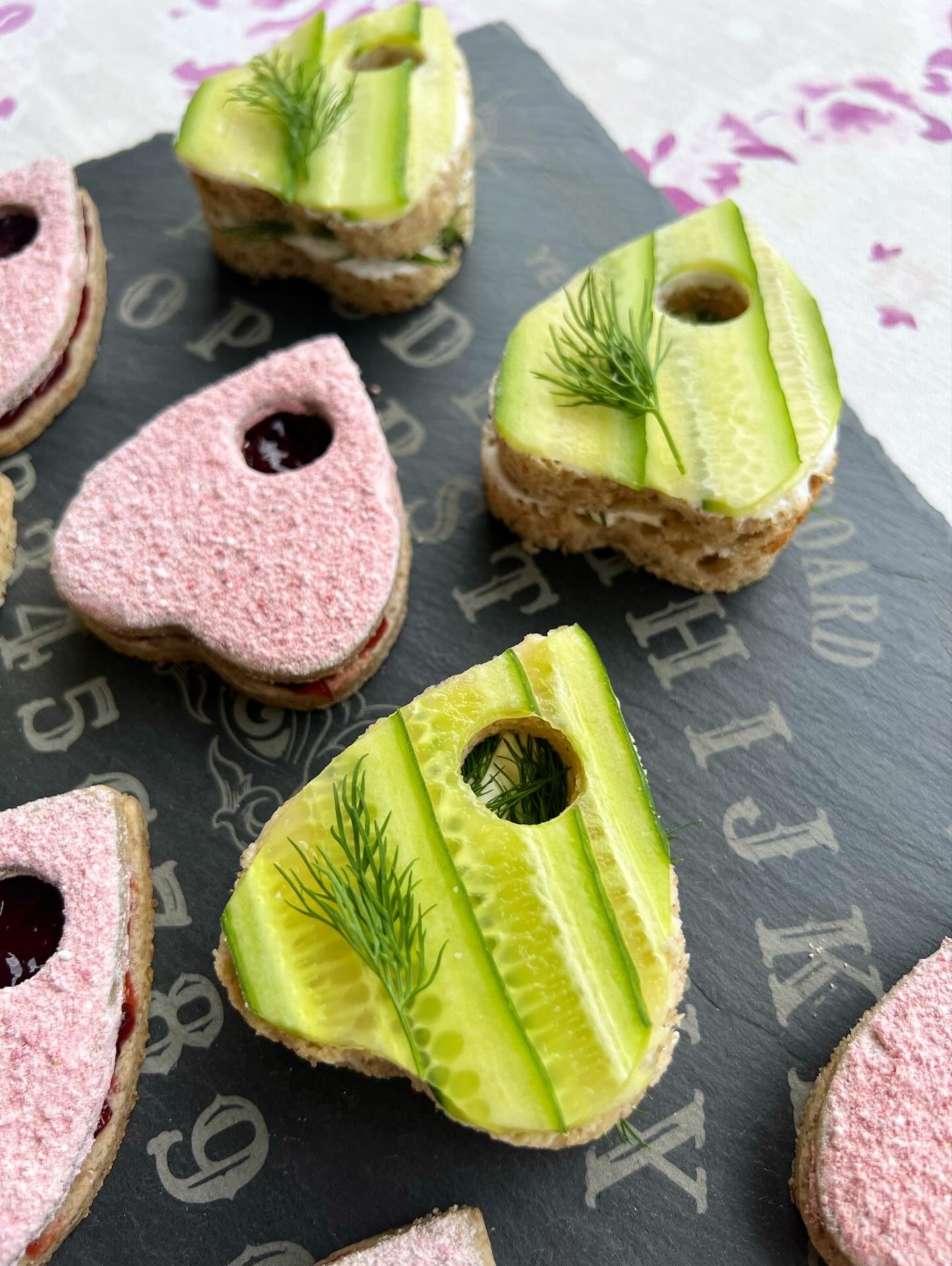 Ouija Tea with Planchette-Shaped Cucumber Sandwiches and Lingonberry-Filled Rye Linzer Cookies