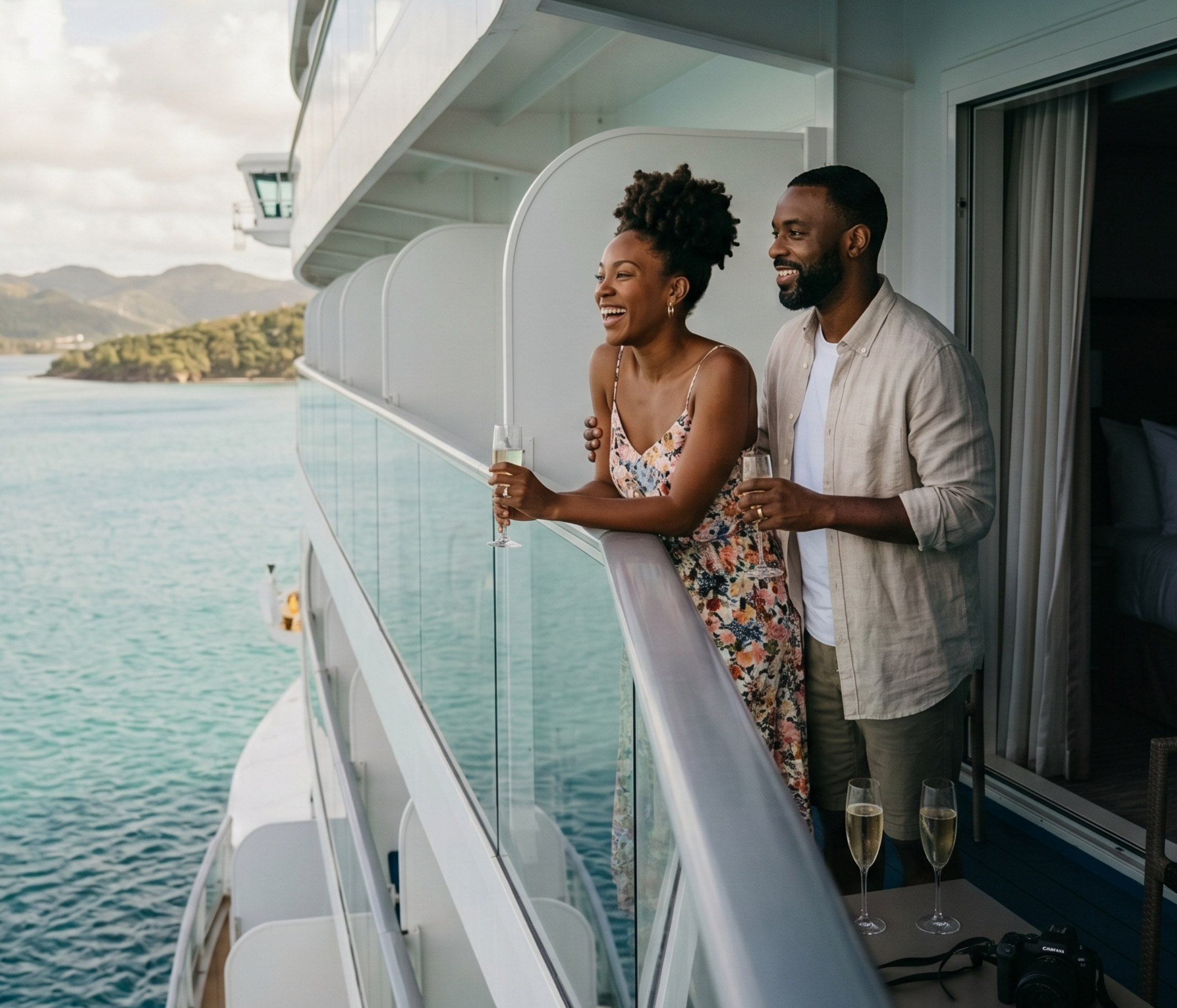 couple on a balcony of a cruise ship
