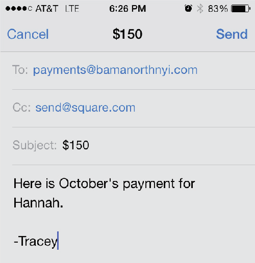 Send an email to payments@bamanorthnyi.com. Cc send@square.com. Put the amount in the subject.
