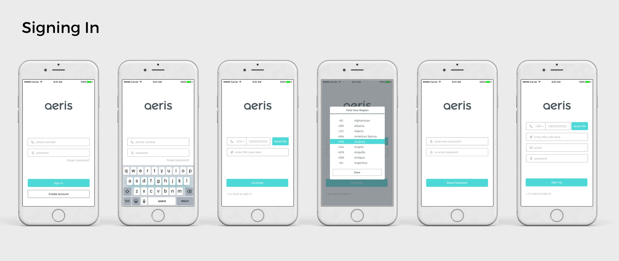 UX flow of the signing in process: 1. phone number and password as the entry page of the sign in process, with sign in button at the bottom, and create account option for users who are new to aeris. Forget password option is available for users to retrieve their password. 2. new customers use phone number to get an account, which is easier for us