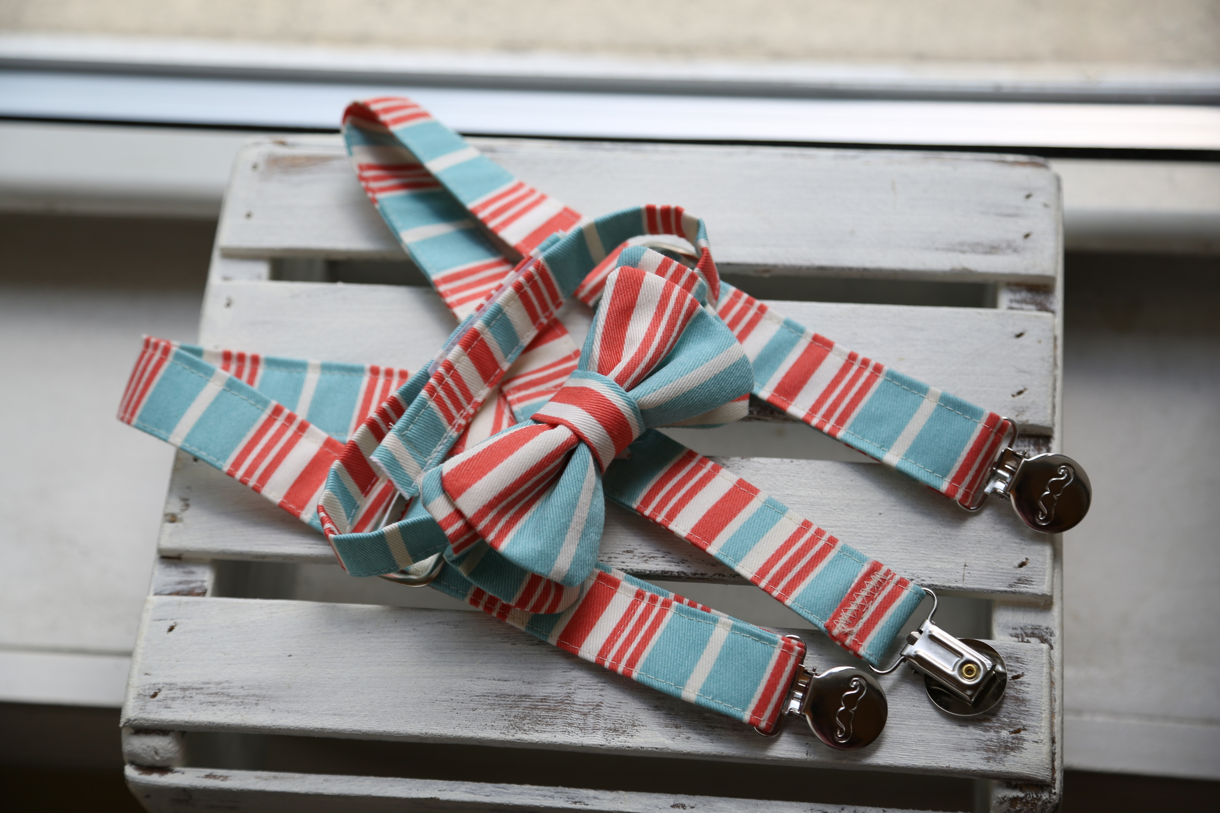 Sherbert Striped Coral & Aqua Double Bow Tie & Suspender Set