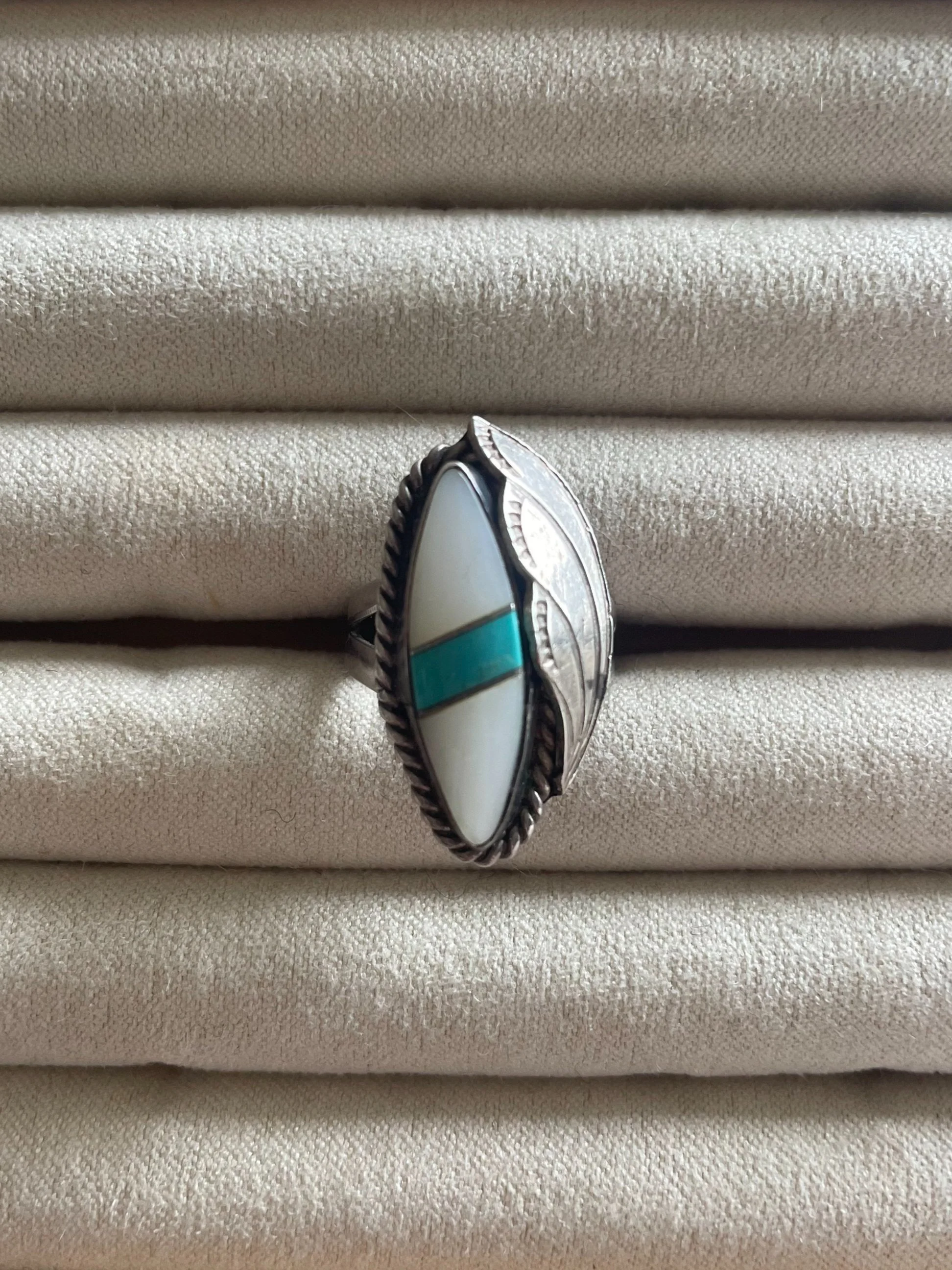Vintage Navajo Mother of Pearl, Turquoise and Sterling  Navajo Sterling Silver Mother of Pearl Ring main image 0