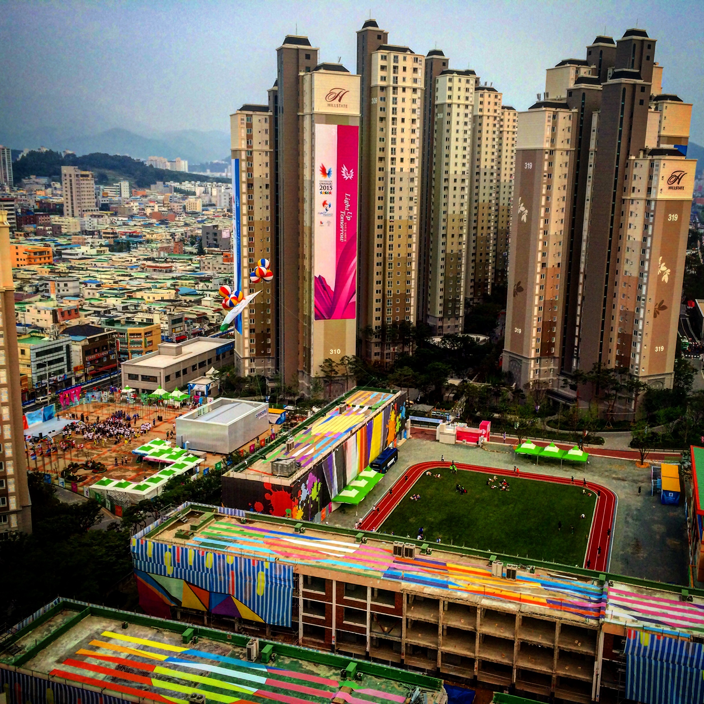 Shot of the main athletes village from NZ's floor (20th of 20) of accomodation block 318