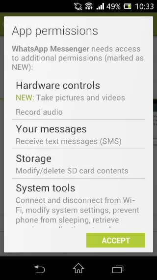 Android permissions for WhatsApp