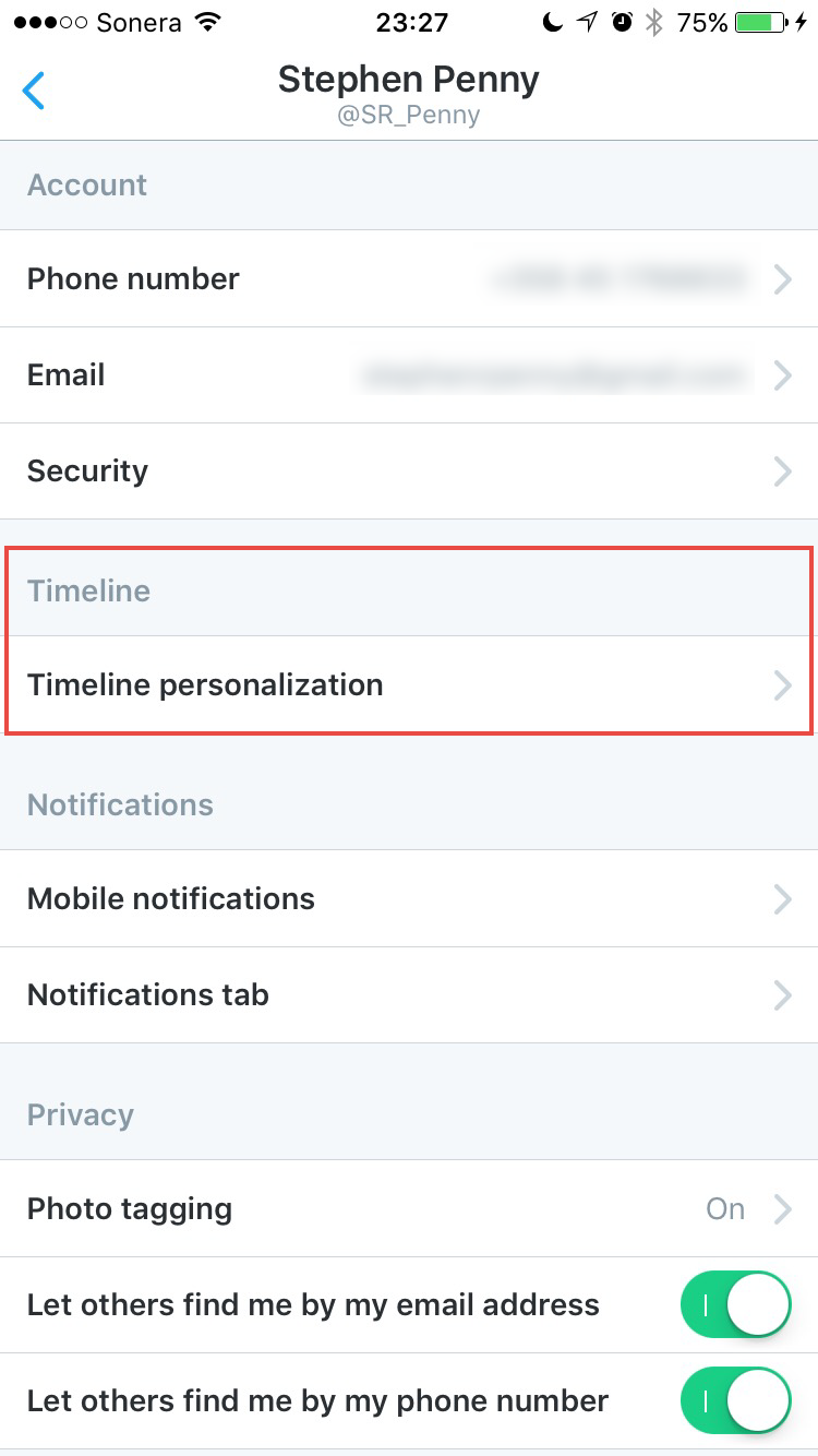 Twitter iOS settings