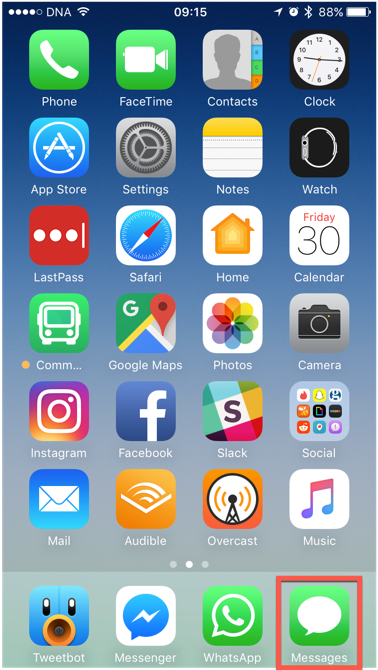 The Messages app on an iOS 10 Homescreen