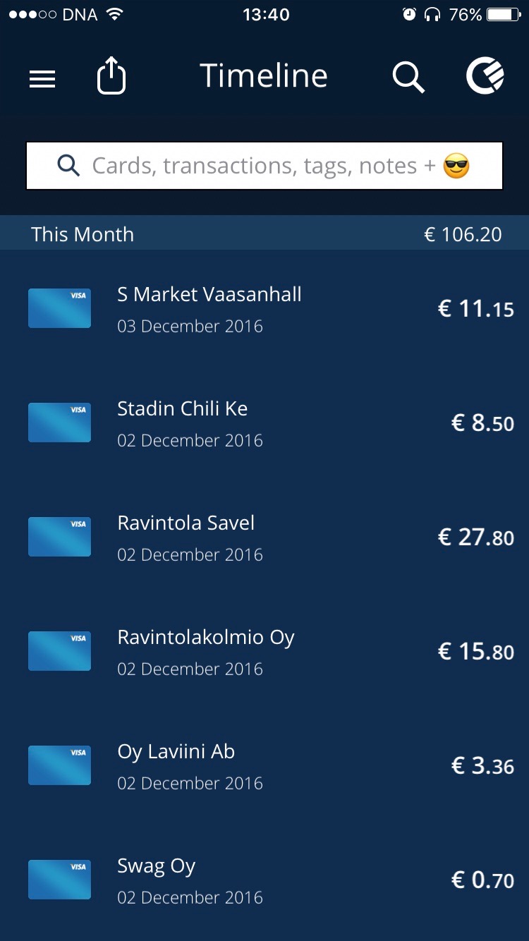 In-app payments list