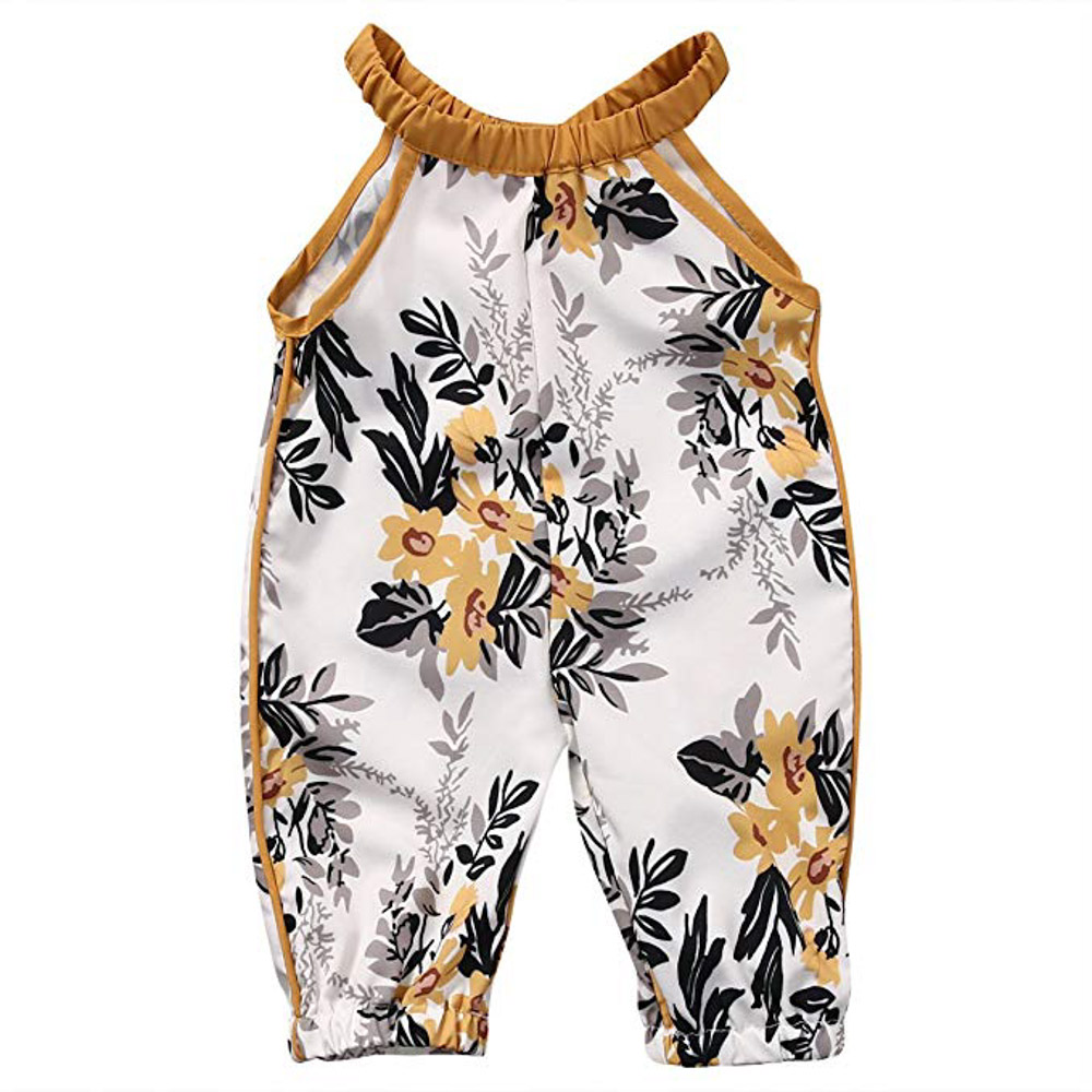 Baby Girls Round Collar Sleeveless Floral Romper Harem Cropped Pants