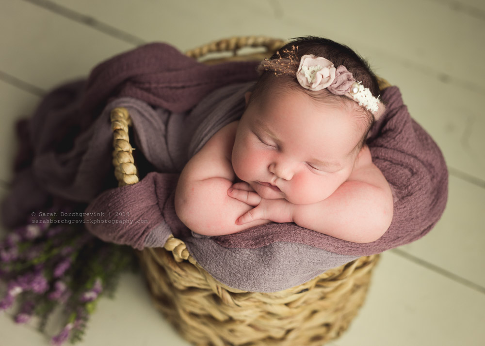 Newborn girl posed in basket