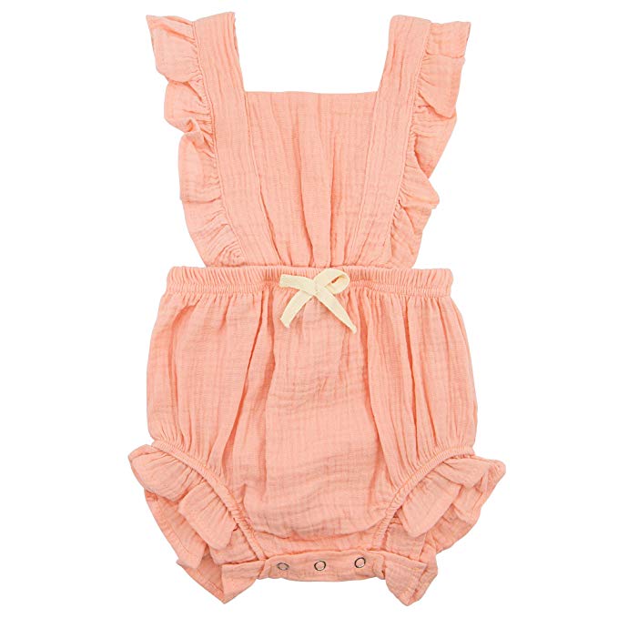 One-piece peach baby romper with ruffled collar