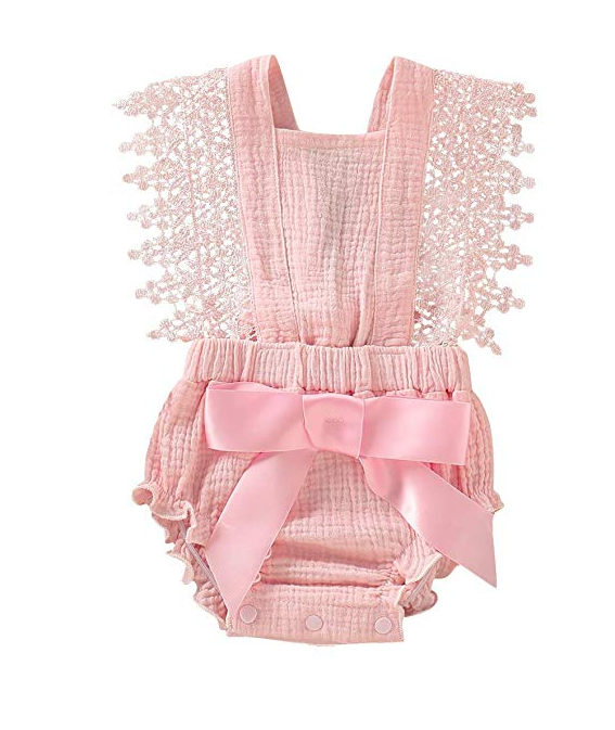 Light pink cotton and lace girl romper