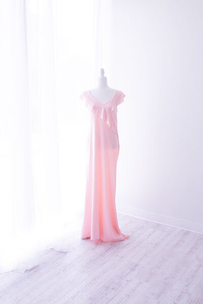 Long, classic blush pink dress for photoshoots