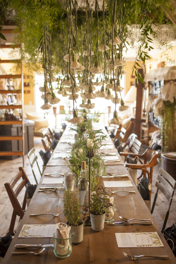  suspended greenery with hanging carnations from Orange County floral designer Floral Fête at SOURCED. creative brunch in Laguna Beach, CA // incredible OC event space 